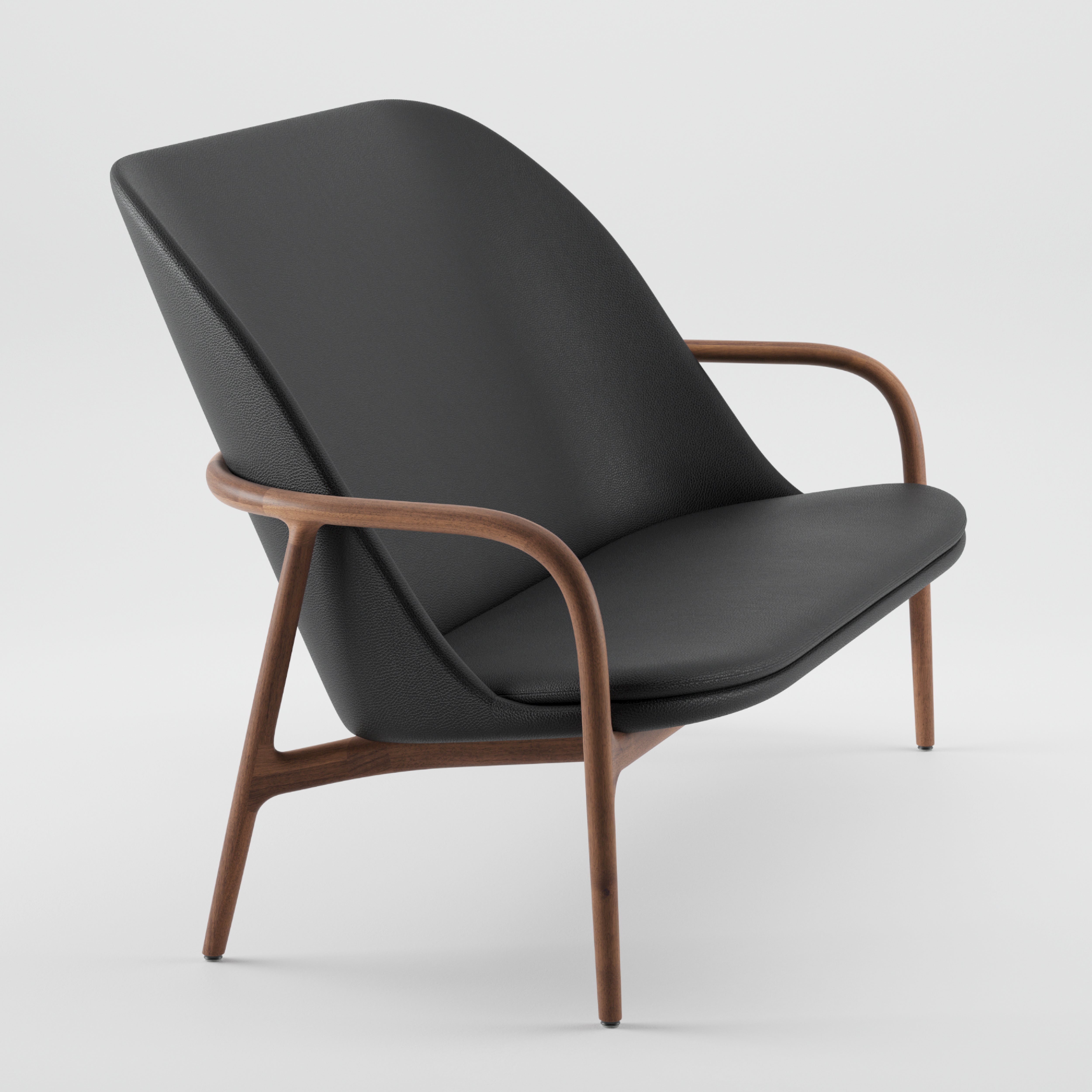 The NEVA Sofa by Artisan boasts a sleek black seat and backrest, complemented by a minimalist wooden frame with curved armrests. Inspired by Scandinavian design, it exudes refined elegance against a plain white background.