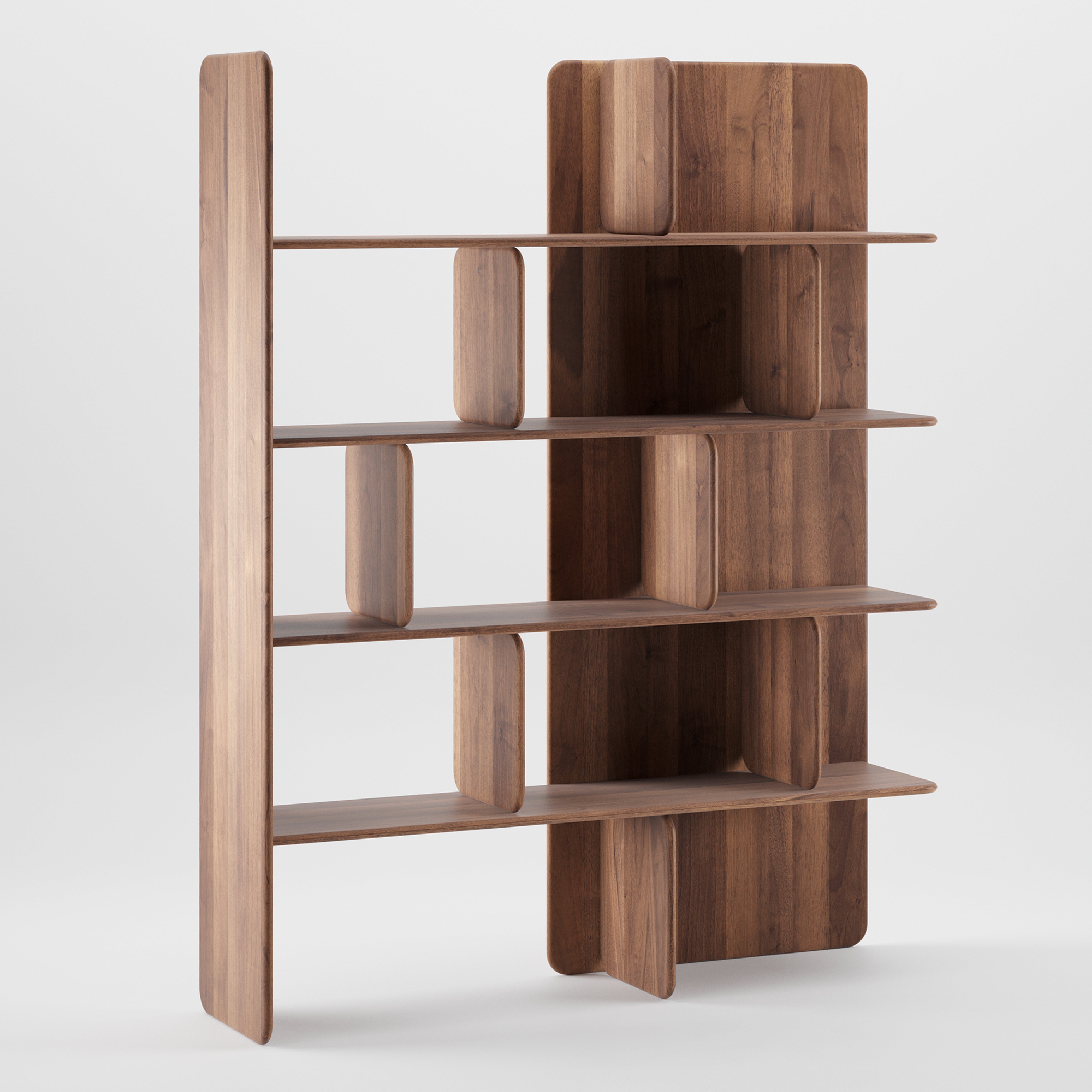 The Artisan SOFT Shelf is a modern wooden bookshelf with an asymmetric design featuring open compartments formed by vertical and horizontal panels. Crafted from environmentally-friendly solid wood and natural finishes, it stands out against a plain white background.