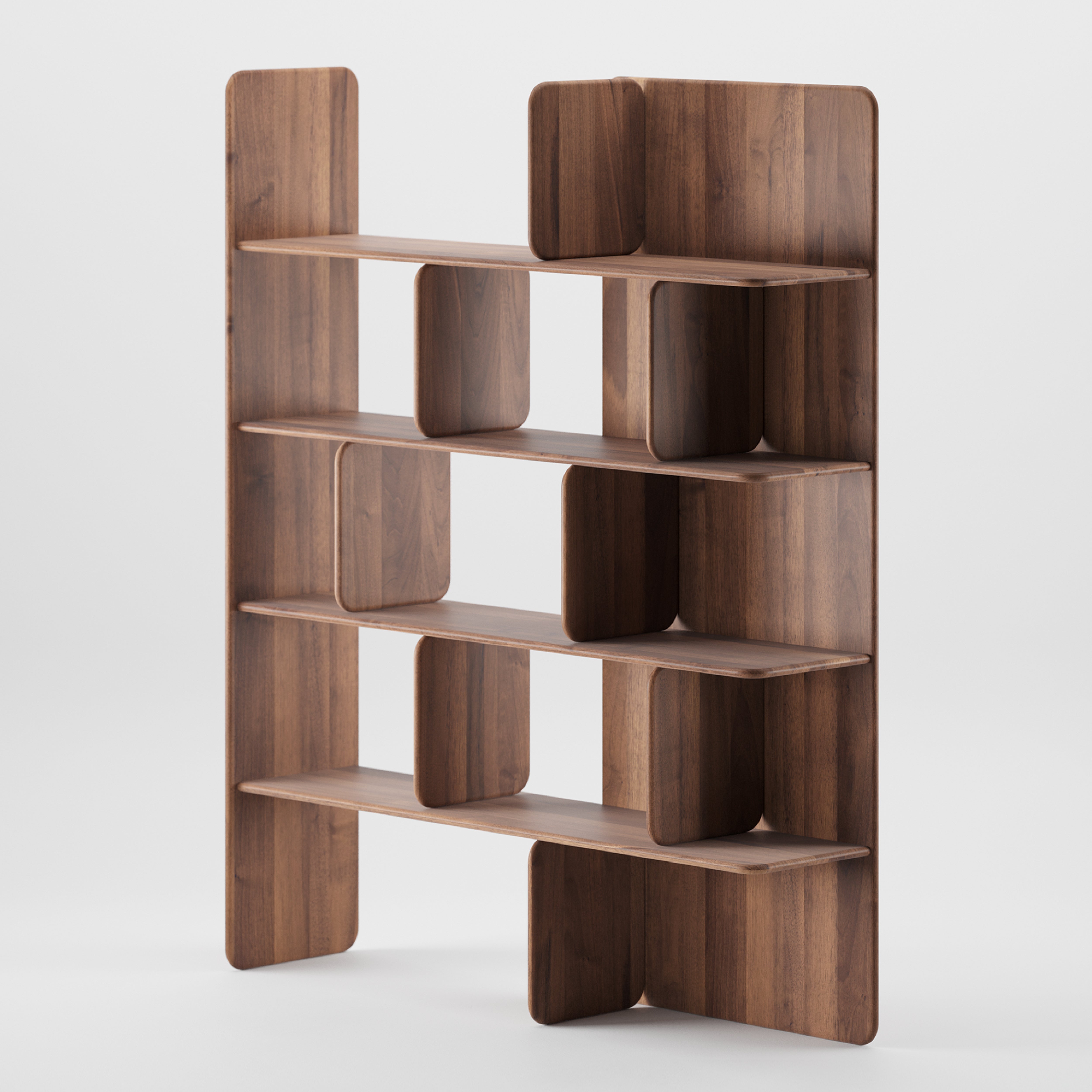 The SOFT Shelf by Artisan is a wooden bookshelf featuring an open-back design, crafted from solid wood. It includes five evenly spaced horizontal shelves with vertical dividers forming geometric patterns and has a minimalist aesthetic with a natural wood grain finish.