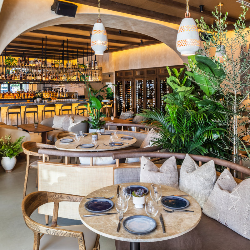 The modern restaurant interior is cozy and elegant, featuring TARA Armchairs by Artisan, solid wood tables, woven chairs, cushioned seating, and lush plants. The background boasts a well-stocked bar with pendant lights and an eco-friendly wine display in a warm atmosphere.