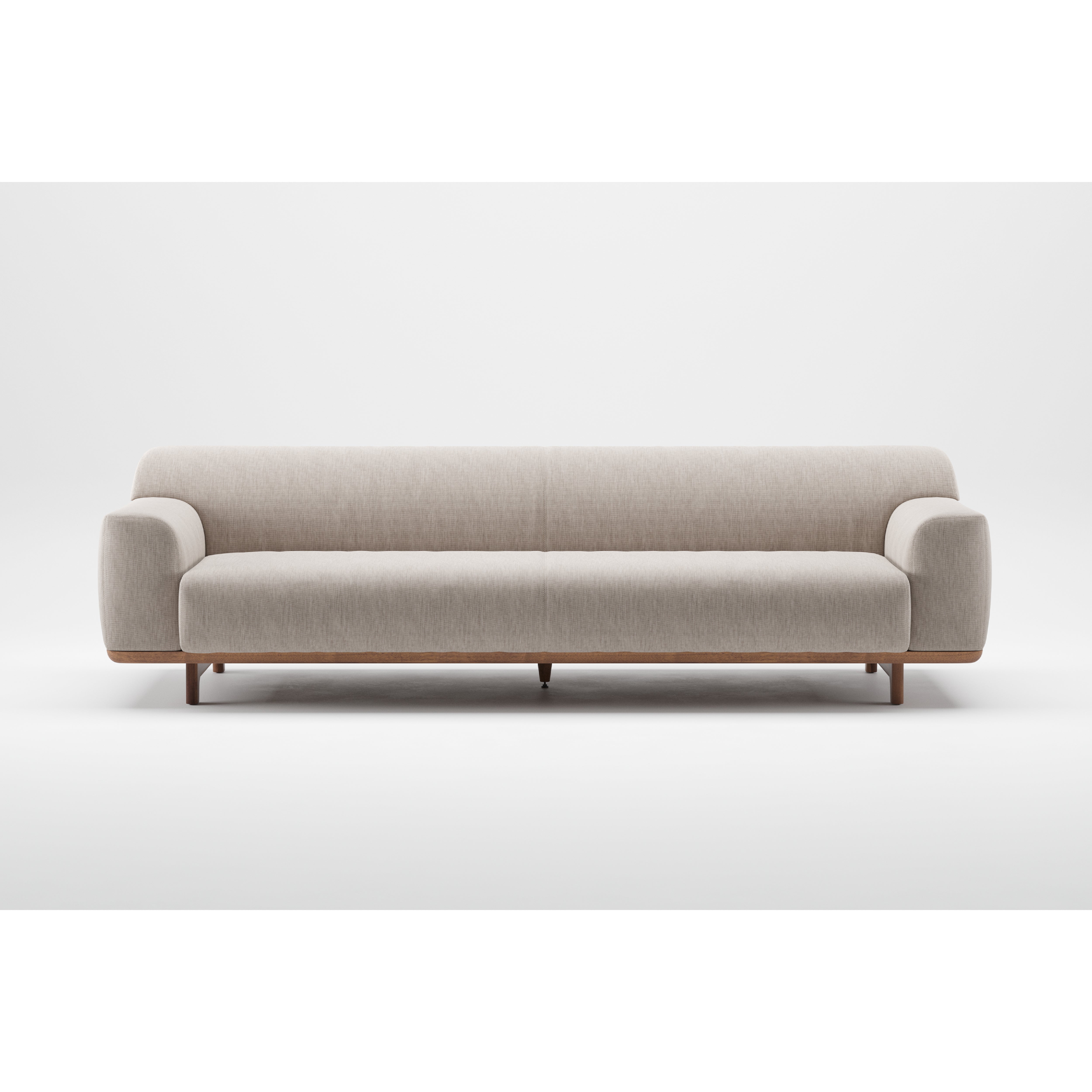 The Artisan Tara Sofa is a modern, minimalist piece with rounded edges and solid wood legs, crafted from eco-friendly materials. It features a beige color set against a plain white background.
