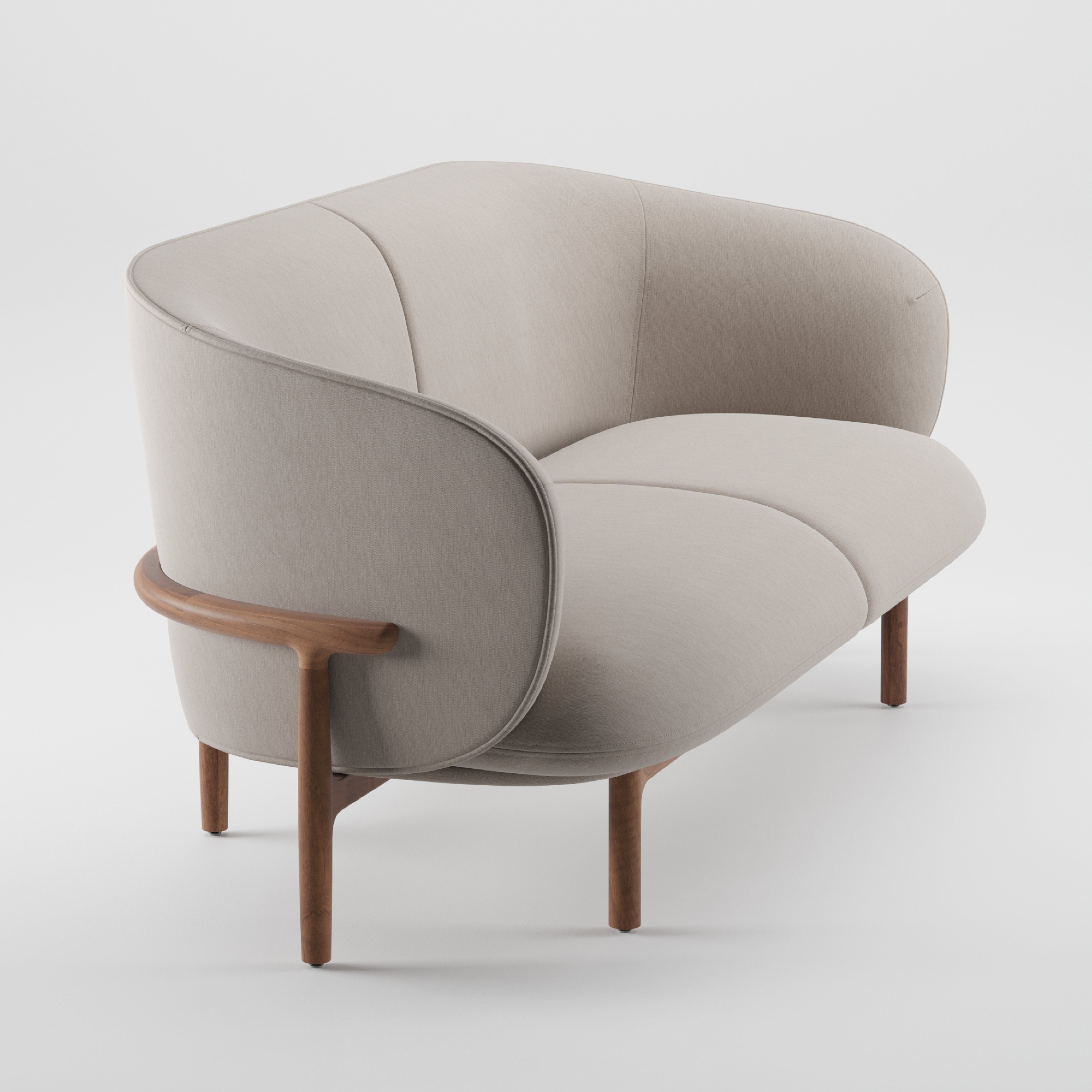 The MELA Two Seater by Artisan showcases smooth, mid-century inspired curves and sleek wooden legs against a plain white background, embodying modern elegance.