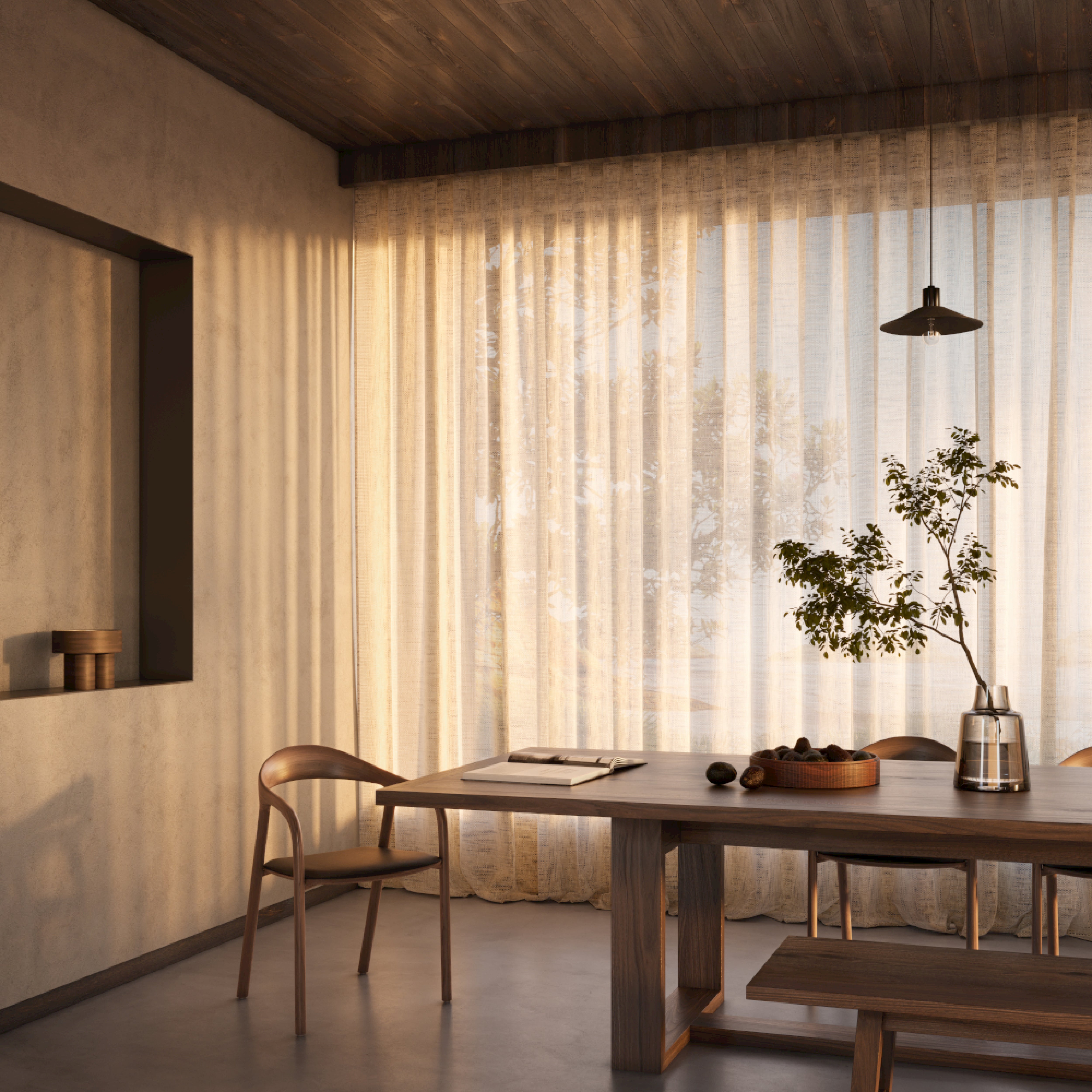 A cozy dining room features a wooden table and NEVA chairs by Artisan, crafted from rich American walnut. Soft light filters through sheer curtains, illuminating a potted plant and fruit bowl on the table. A pendant light hangs from the wooden ceiling, enhancing the warm ambiance.
