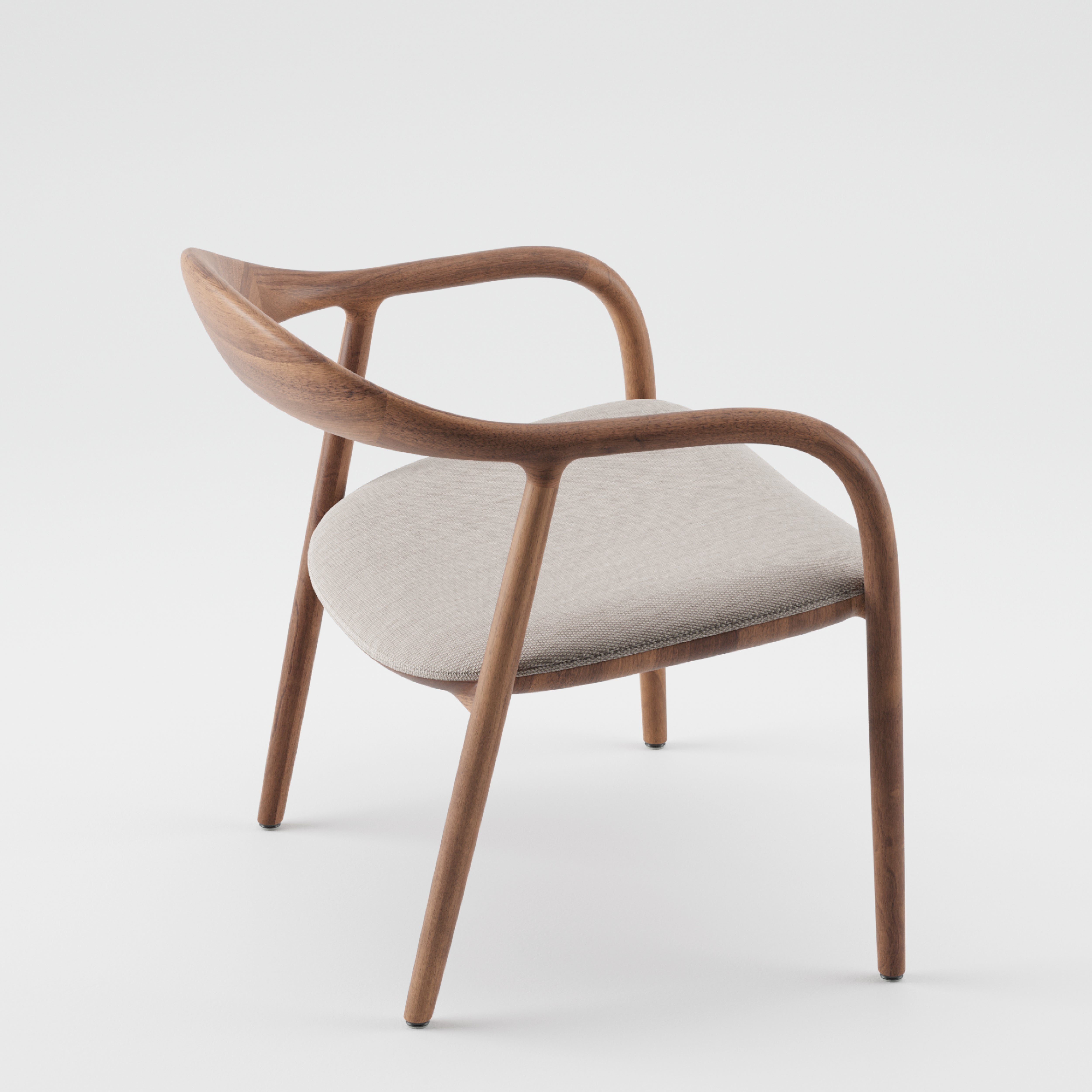 Introducing the NEVA Easy Chair by Artisan: a minimalist wooden masterpiece with curved armrests and legs, featuring an ergonomically designed light beige cushioned seat. This modern creation is crafted using 5-axis CNC technology and set against a white background.