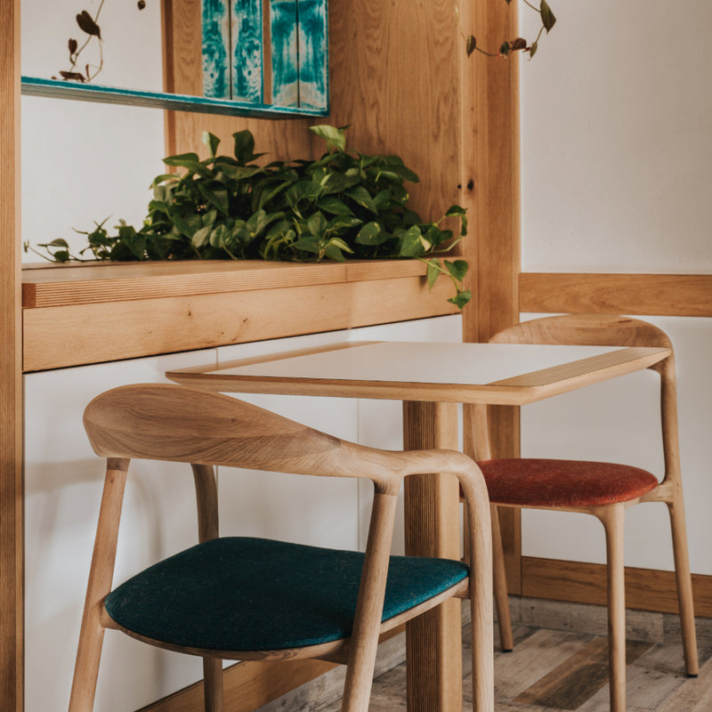 A cozy cafe corner features a small wooden table, crafted by Artisan carpentry, with two NEVA light chairs adorned with teal and rust cushions. Wooden shelves hold lush green plants for a refreshing touch. The light wood floor complements the warm tones of this charming collection space.