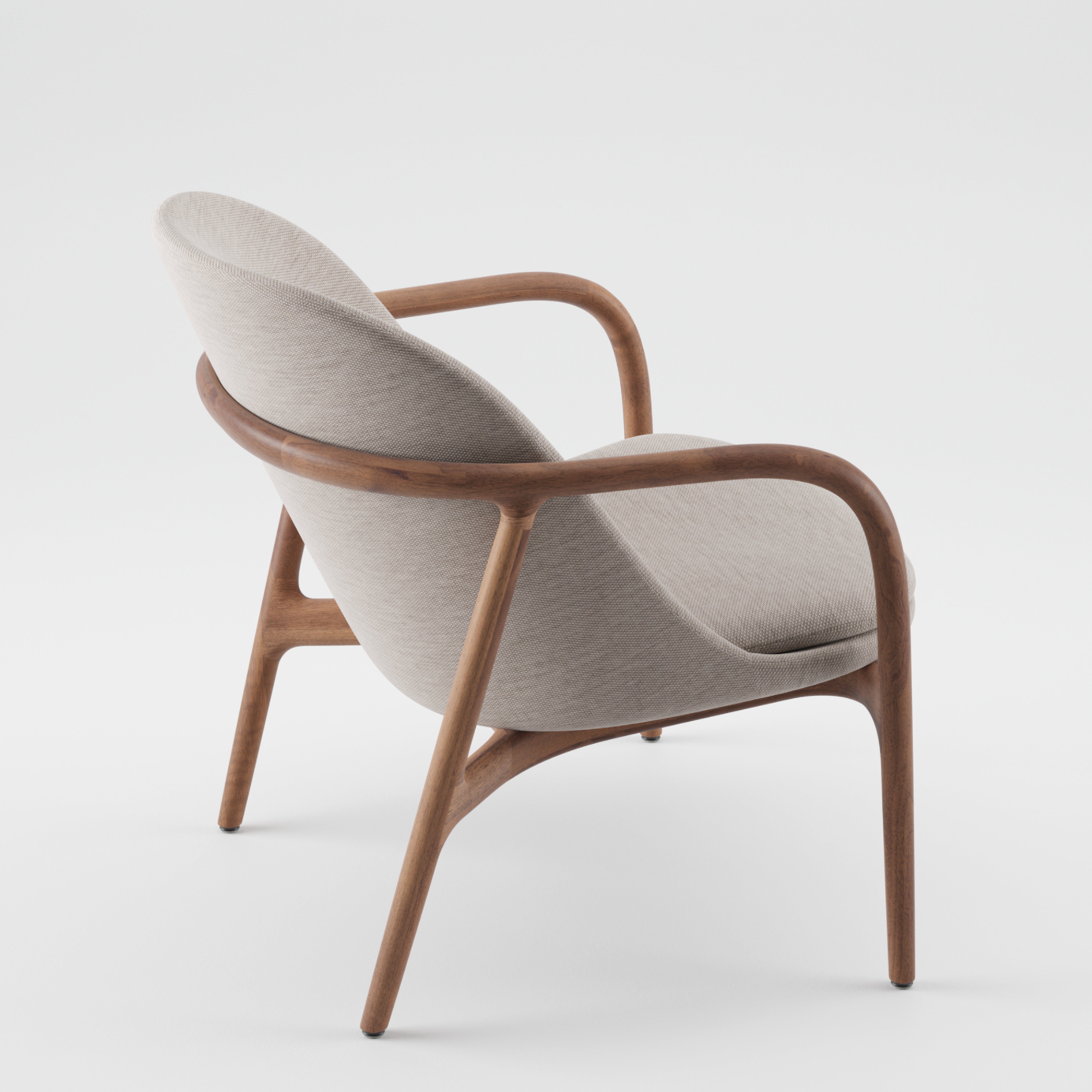 Discover the NEVA Lounge Chair Trimmed by Artisan: a Scandinavian masterpiece with a smooth wooden frame and light gray upholstery. Its sleek design features curved armrests and a slightly reclined backrest, effortlessly merging traditional craftsmanship with modern technology.