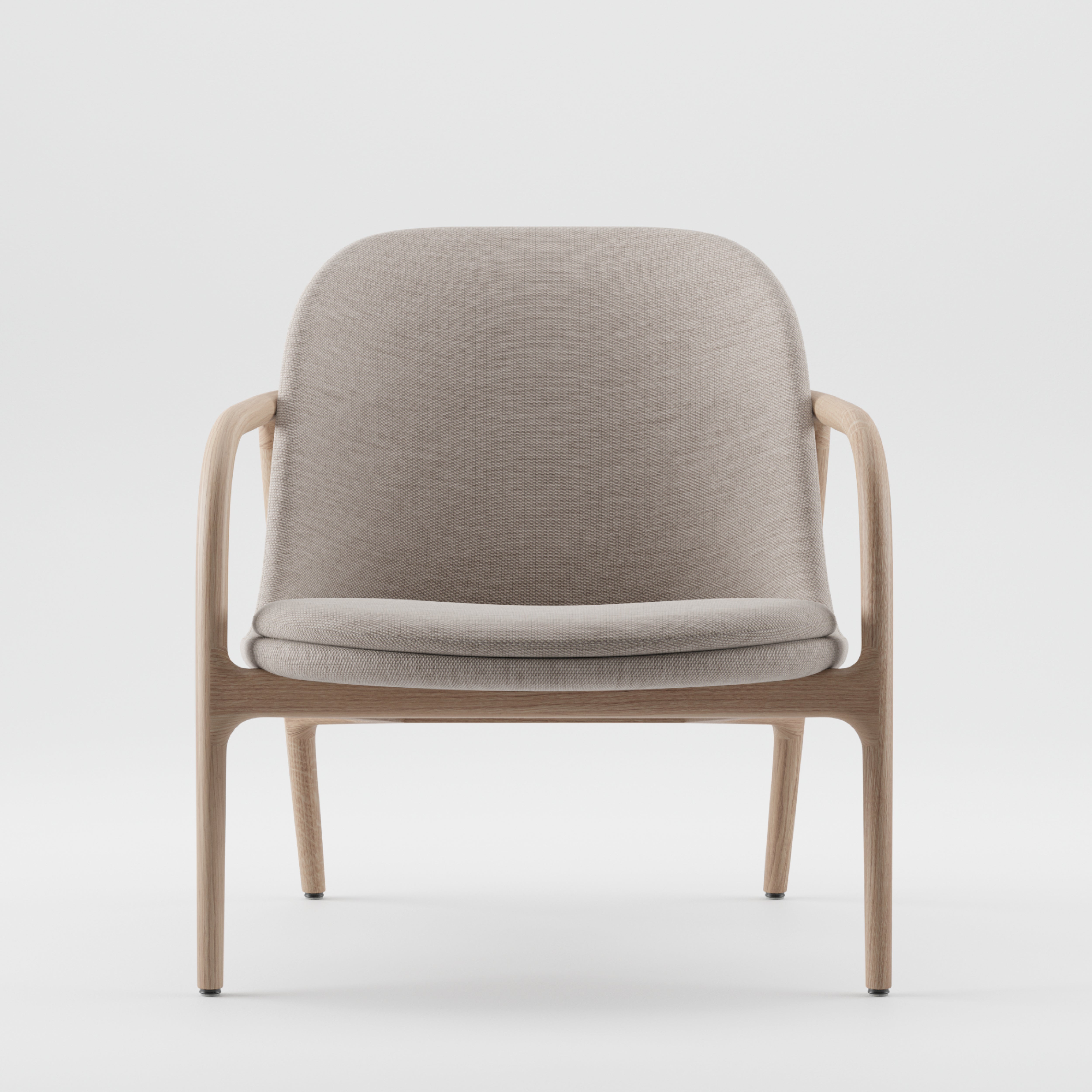 Front view of the Scandinavian NEVA Lounge Chair Trimmed by Artisan, featuring light beige upholstery and wooden armrests and legs. With its smooth, curved design, the chair rests elegantly against a white background.