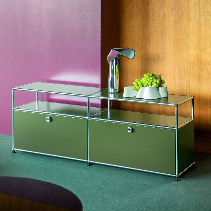 Haller Media O2 media storage credenza in olive green with chrome frame and locking drop-down doors.
