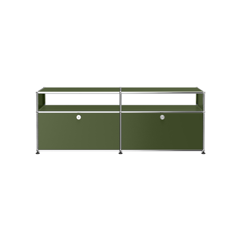Haller Media O2 credenza in olive green with chrome frame, dual lockable drop-down doors and cable cutout.