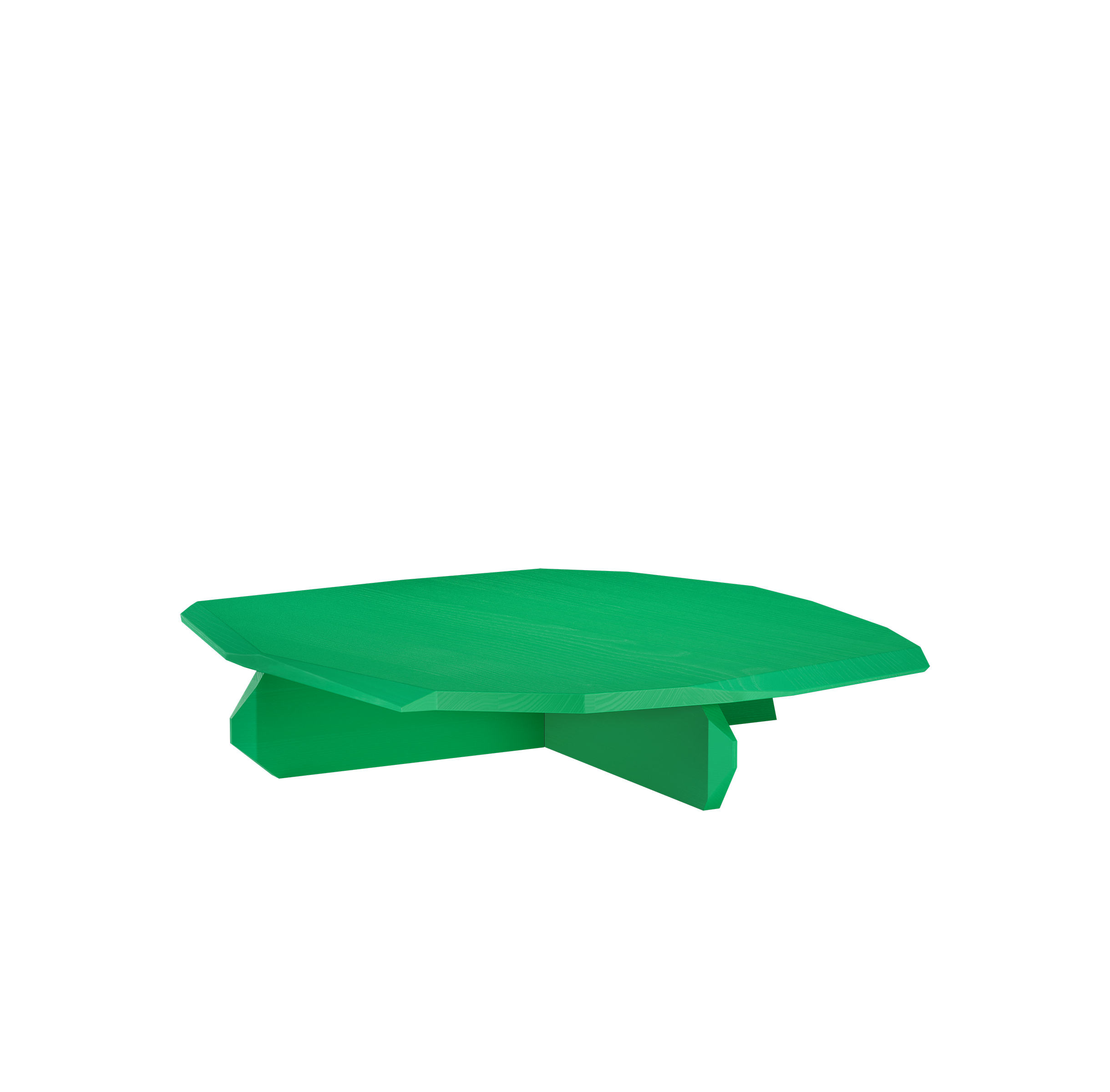 The Fels Coffee Table by Objekte unserer Tage features a bright green, angular top and geometric legs, all set against a plain black backdrop.