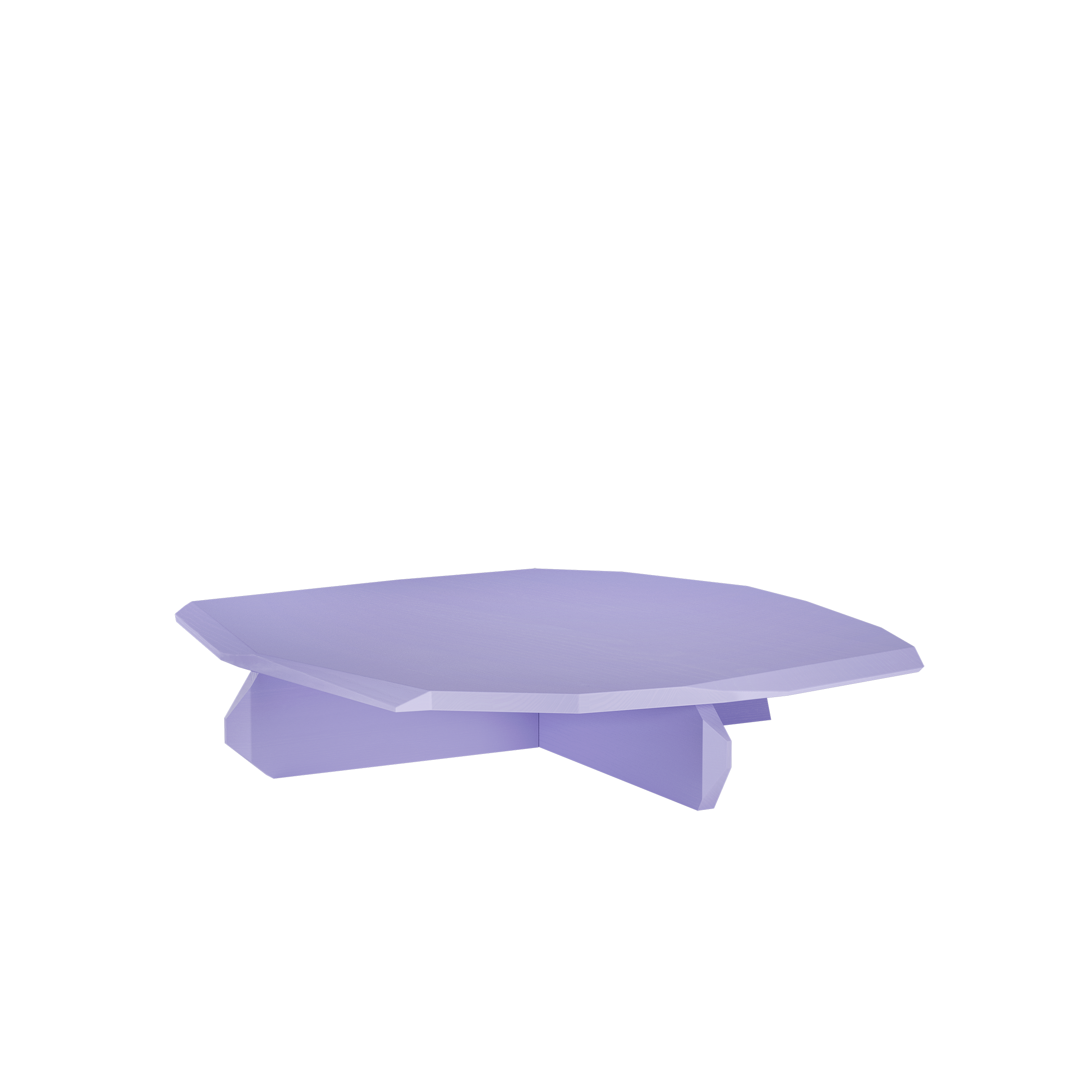 A 3D render of the Fels Coffee Table by Objekte unserer Tage, featuring a light purple geometric design with sharp edges and a broad base, is set against a plain black background, highlighting its sculptural beauty and exquisite craftsmanship.