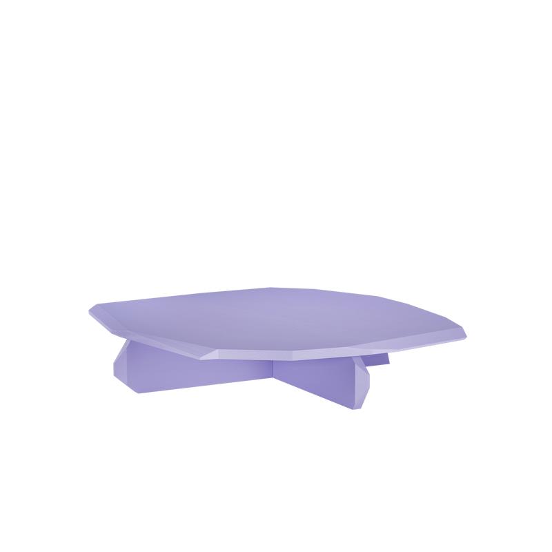 A 3D render of the Fels Coffee Table by Objekte unserer Tage, featuring a light purple geometric design with sharp edges and a broad base, is set against a plain black background, highlighting its sculptural beauty and exquisite craftsmanship.