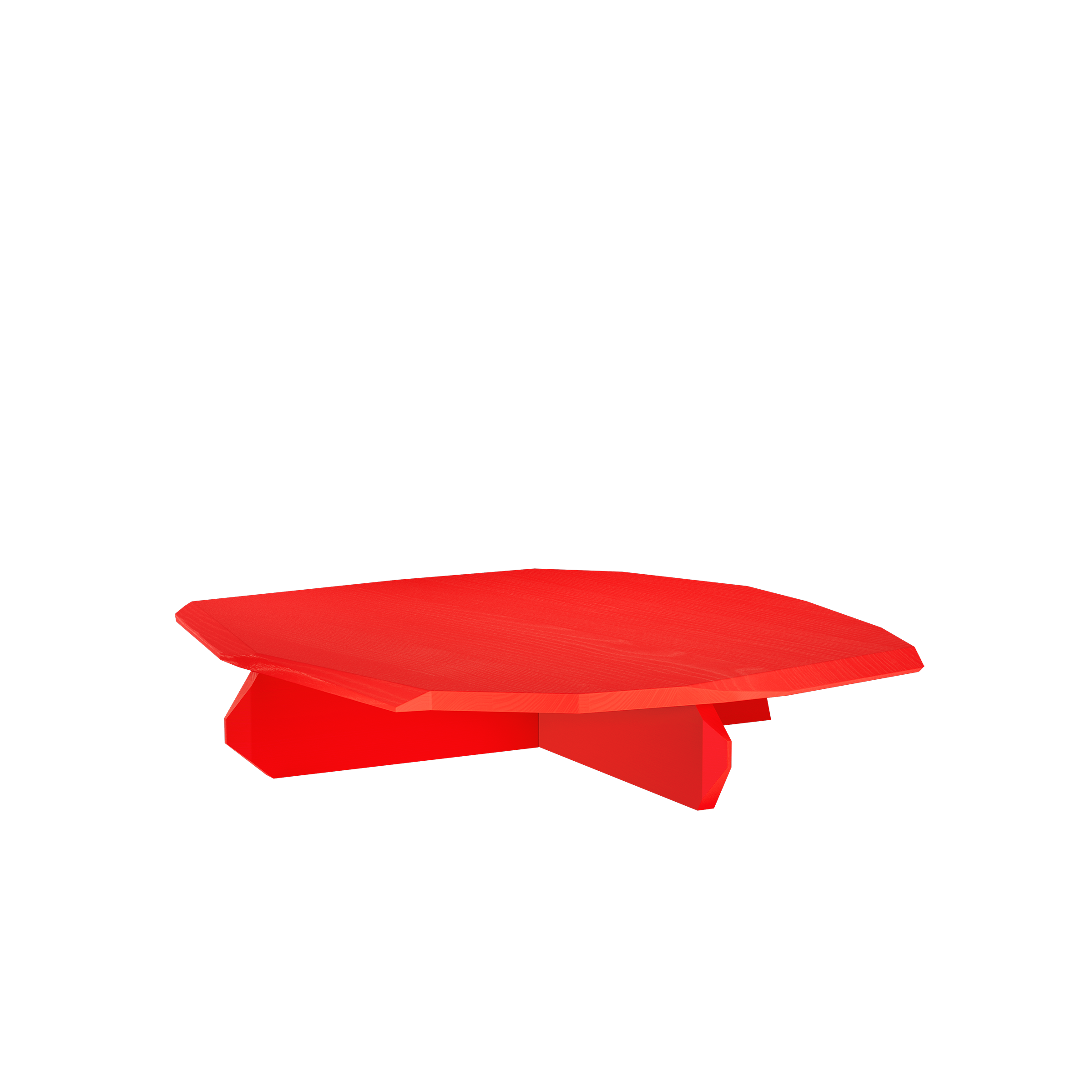The Fels Coffee Table by Objekte unserer Tage is a masterpiece with its modern geometric red surface and unique base, offering sculptural beauty that pops against a black background.