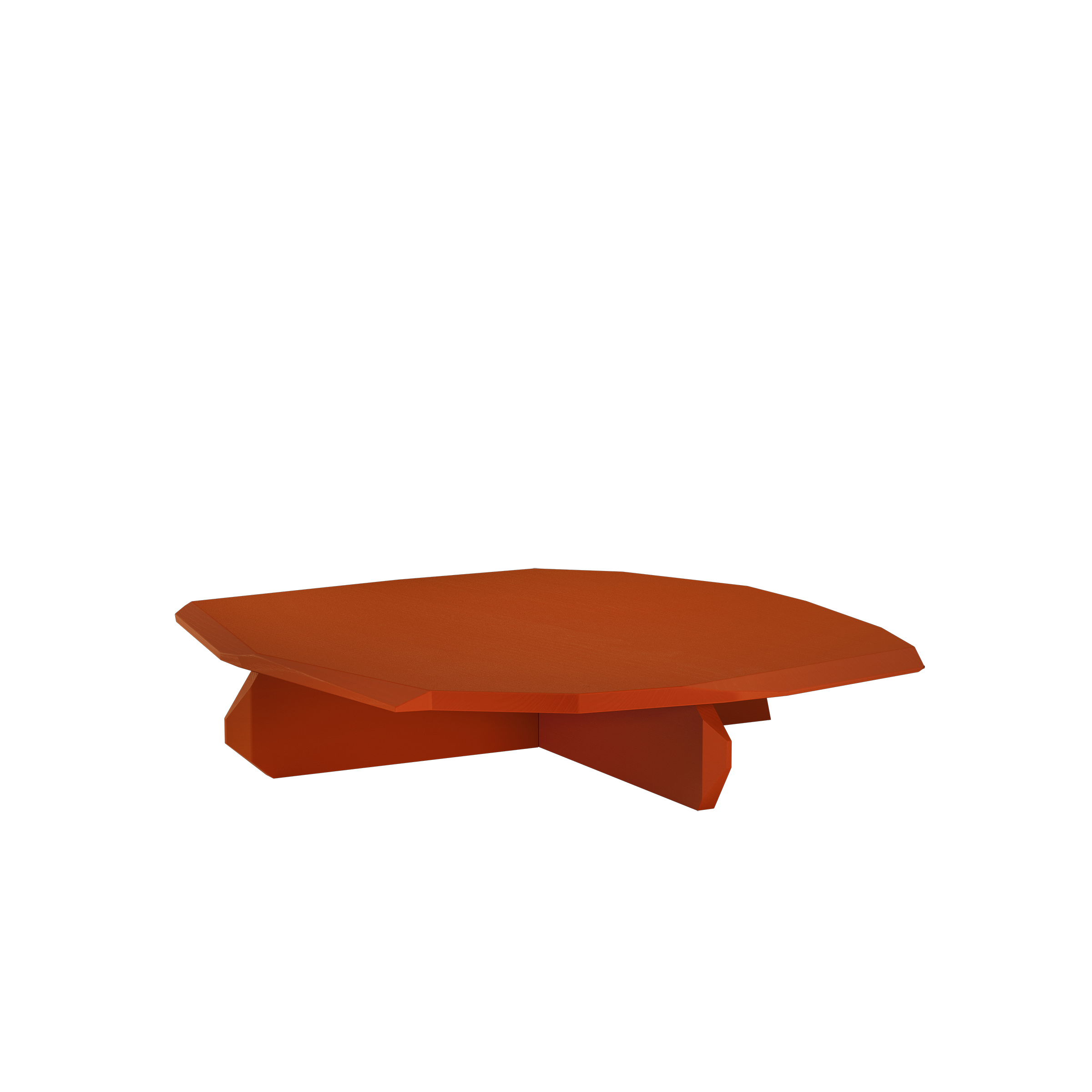 Discover the Fels Coffee Table by Objekte unserer Tage, a modern piece with sculptural beauty and geometric design. This orange masterpiece against a black backdrop showcases exceptional craftsmanship with its sleek flat top, ideal for any contemporary space.