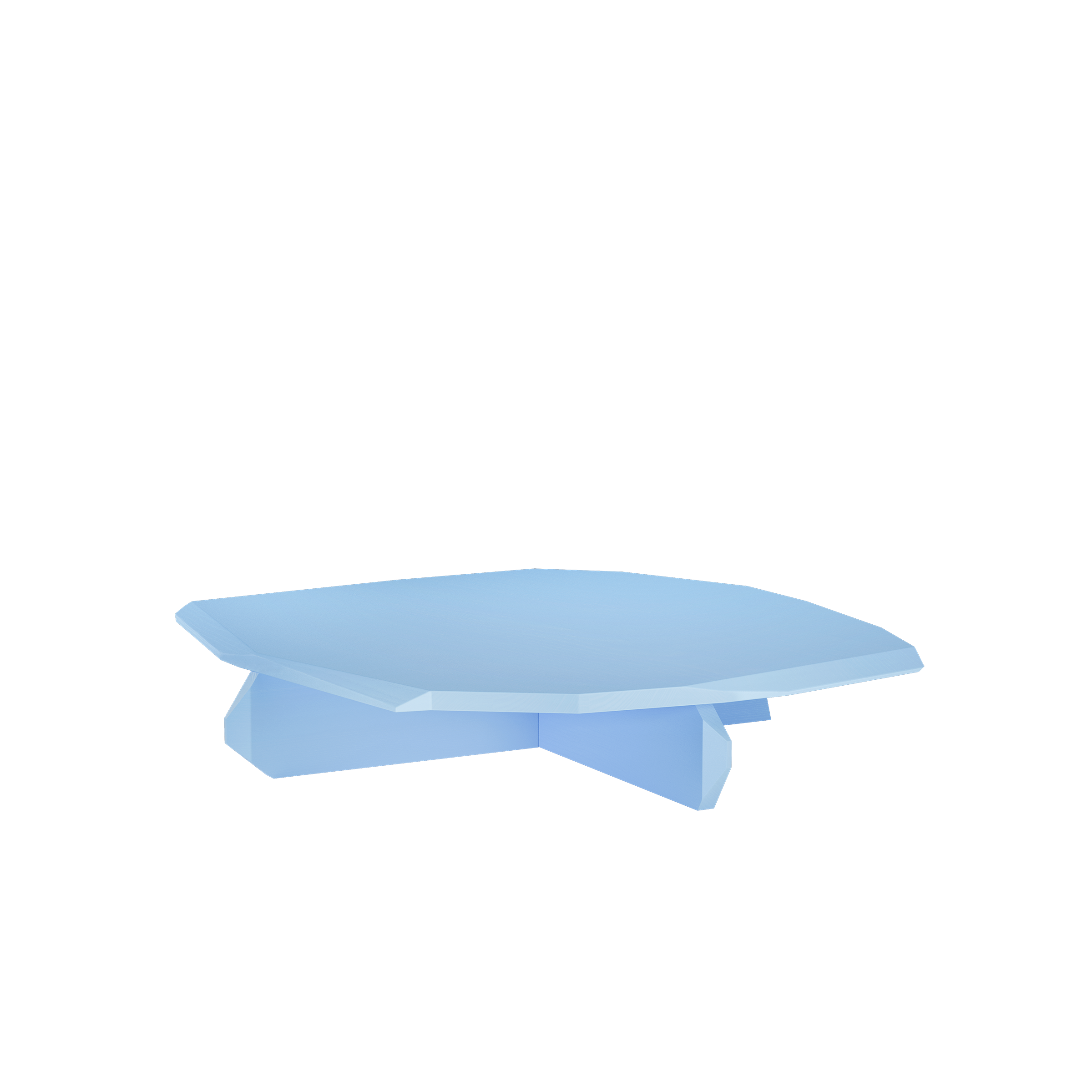 A digital illustration depicts a light blue, flat, hexagonal object with sculptural beauty and reflective surface, resembling the Fels Coffee Table by Objekte unserer Tage, resting on a matching geometric base against a plain background.