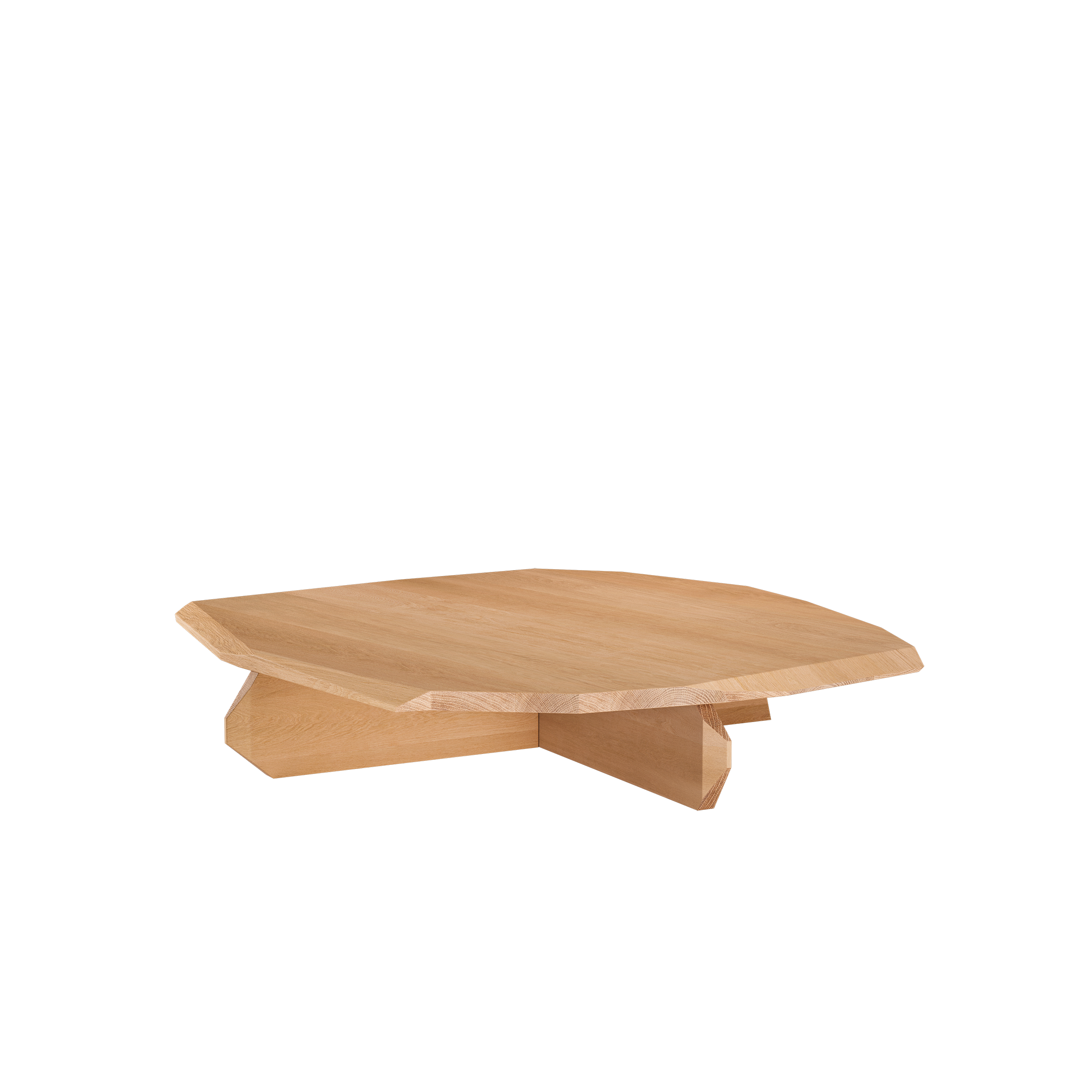 Presenting the Fels Coffee Table by Objekte unserer Tage: A stunning blend of craftsmanship and art, this hexagonal wooden piece boasts a light wood finish, flat top, and geometric base. Its modern design stands out elegantly against a black background.