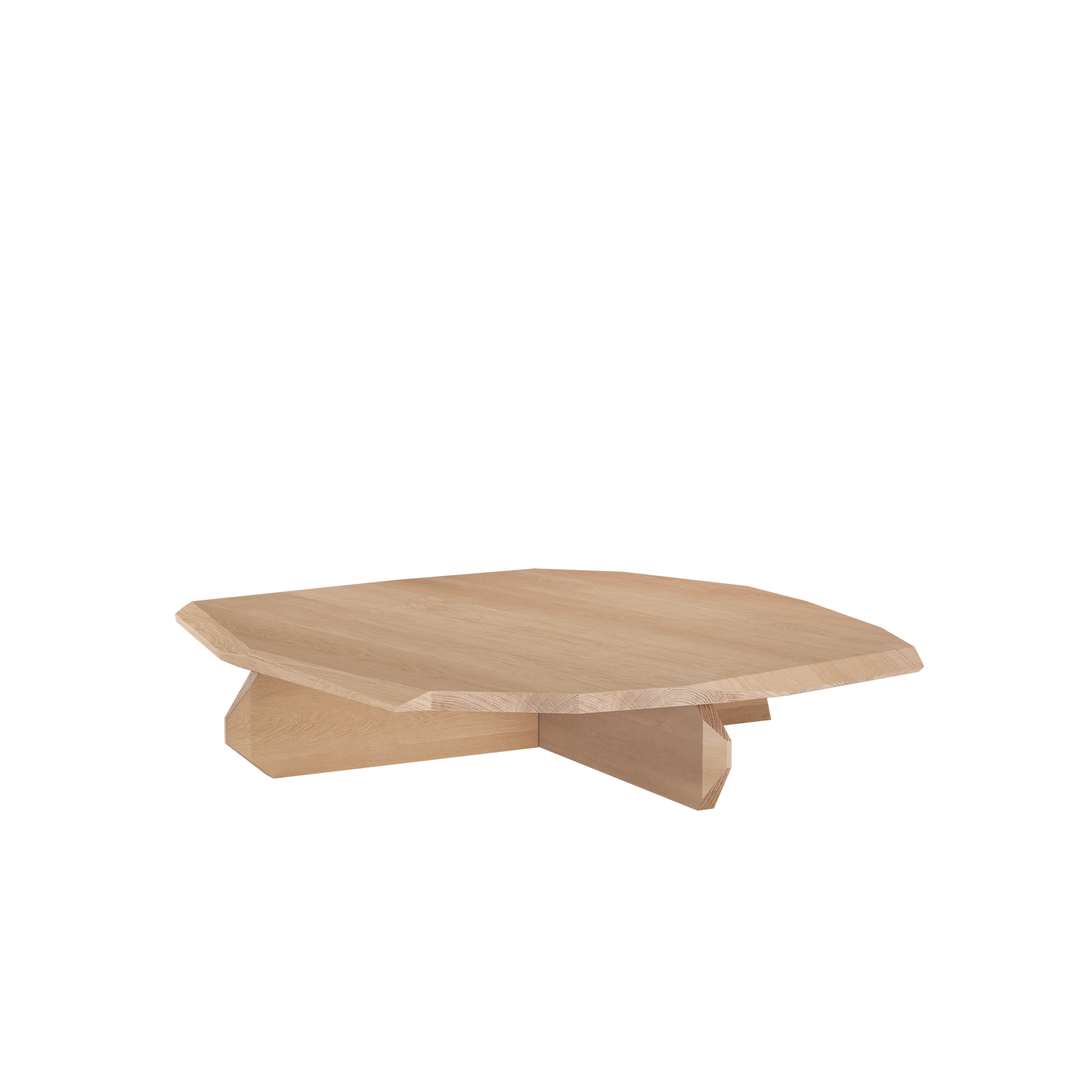 The Fels Coffee Table by Objekte unserer Tage exemplifies sculptural beauty, boasting a geometric wooden design with a natural finish. Its unique angular style features a wide top on a triangular base, showcasing exceptional craftsmanship.