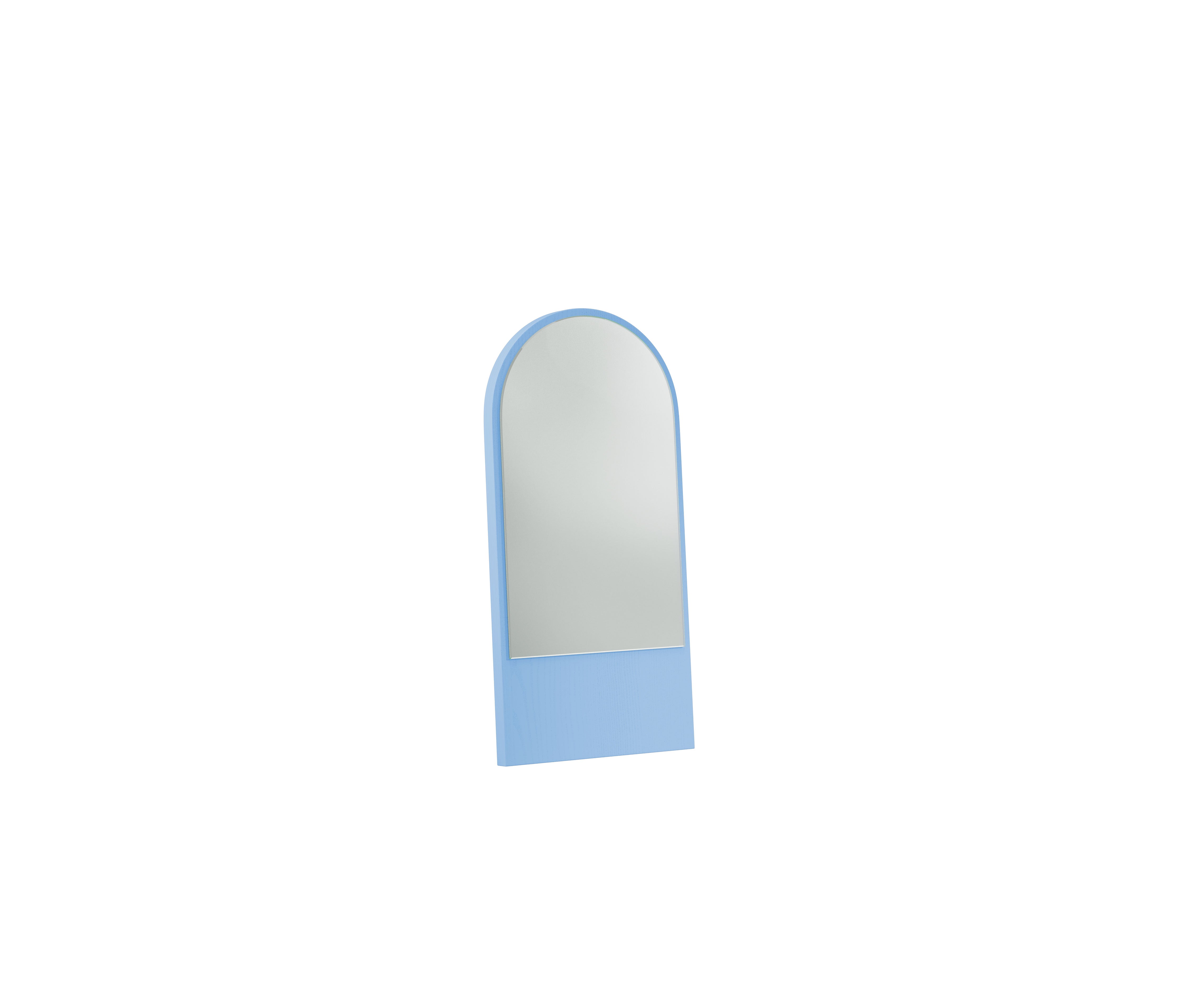 The Friedrich Mini Mirror by Objekte unserer Tage is an expressive freestanding mirror with an arched blue frame and a rectangular blue base, set against a plain white background.