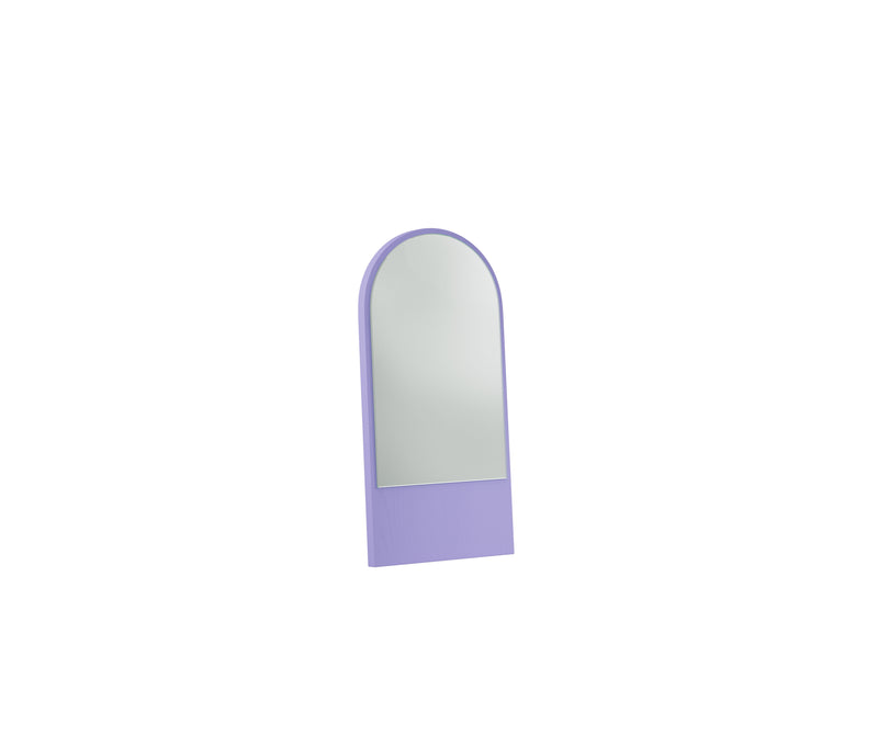 The Friedrich Mini Mirror by Objekte unserer Tage features a standing, arched design with an expressive pastel purple frame atop a rectangular base that provides stable support reminiscent of floral wood grain, all set against a white background.