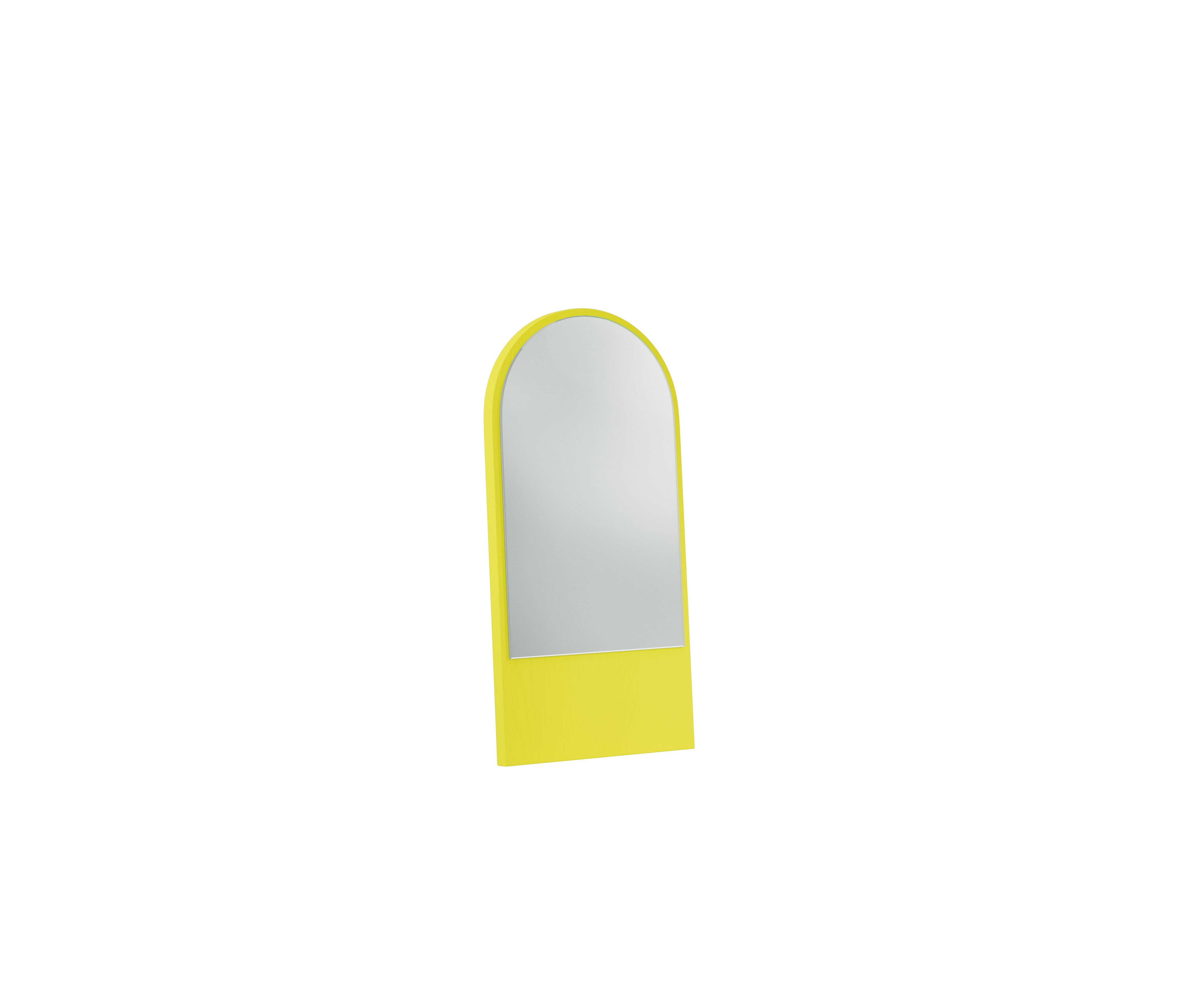 Introducing the Friedrich Mini Mirror by Objekte unserer Tage: a compact and minimalist arched mirror with a vibrant yellow frame set against a plain white backdrop. Its flat base adds a contemporary touch, bringing expressive color to any space.
