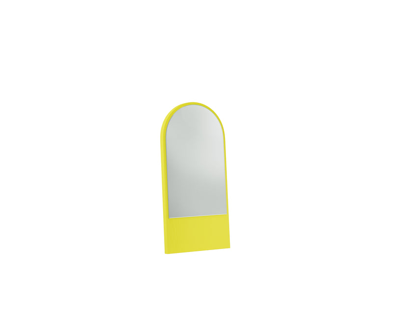 Introducing the Friedrich Mini Mirror by Objekte unserer Tage: a compact and minimalist arched mirror with a vibrant yellow frame set against a plain white backdrop. Its flat base adds a contemporary touch, bringing expressive color to any space.