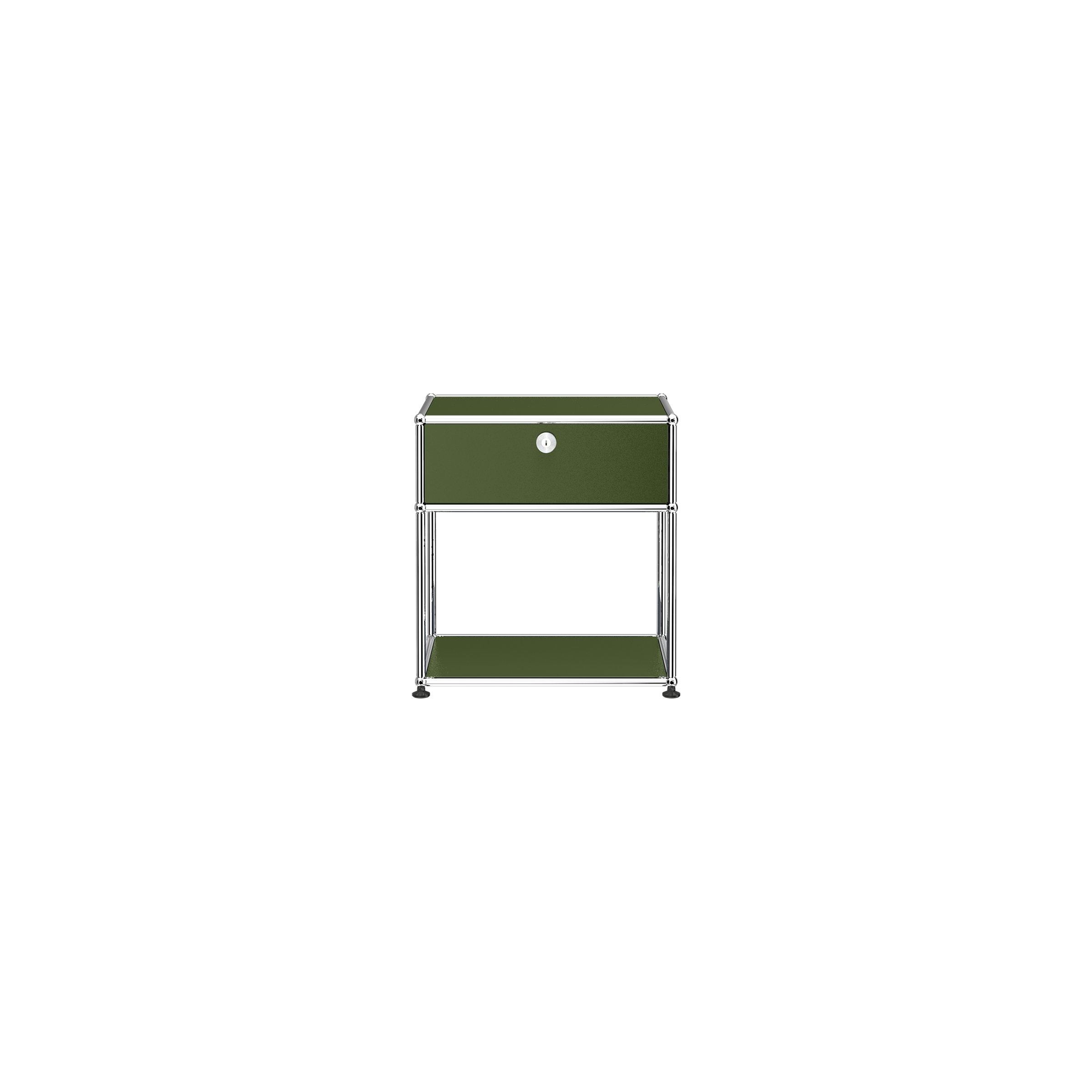 Haller Nightstand P2 in olive green with powder-coated steel panels and chrome steel frame, locked drop-down door.