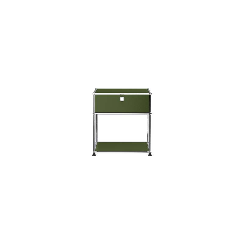 Haller Nightstand P2 in olive green with powder-coated steel panels and chrome steel frame, locked drop-down door.