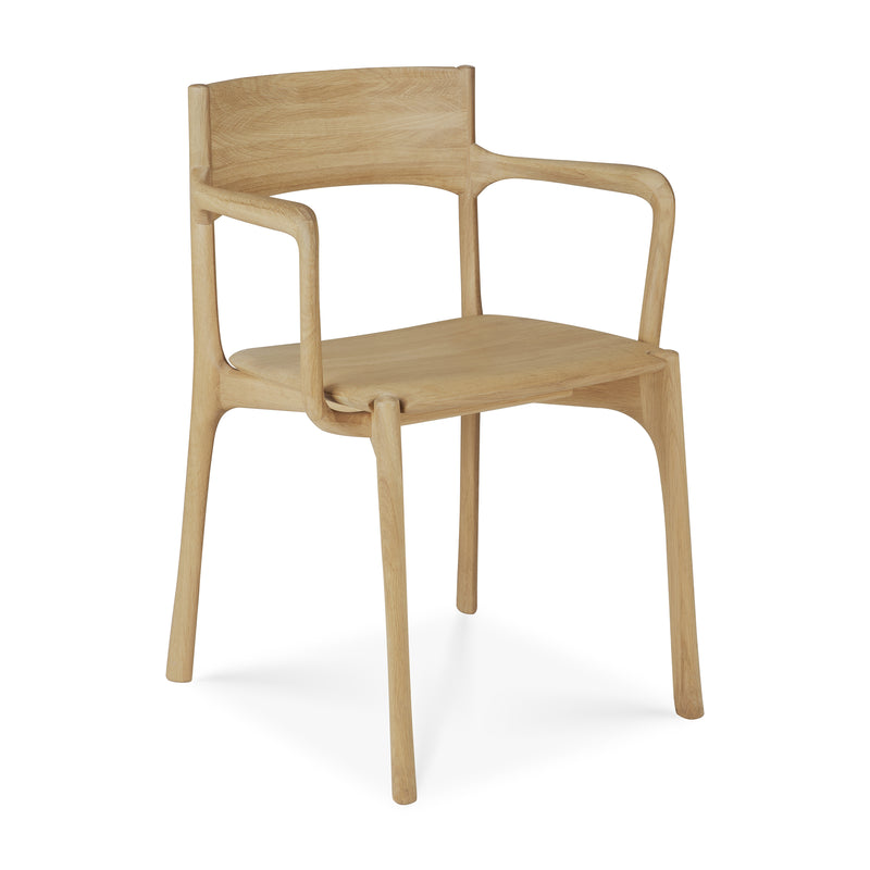 Pi Dining Chair with Armrest in oak wood featuring sleek curves and durable handcrafted design for stylish dining seating.