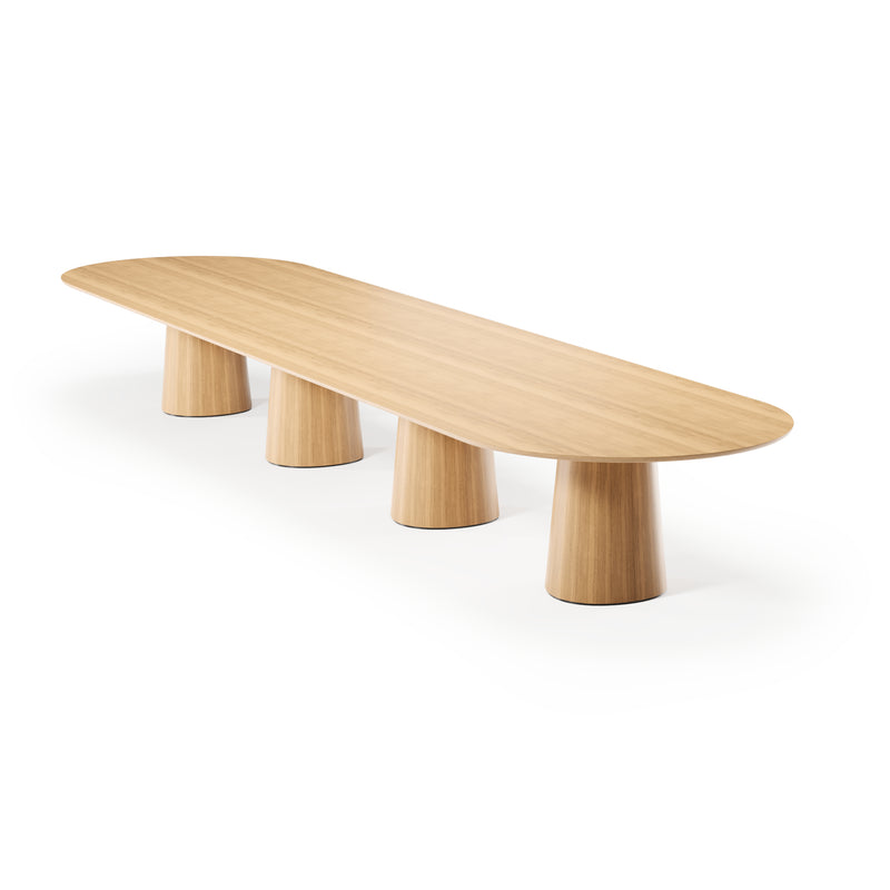 The P.O.V. Plus Table 482 by TON is a long, sleek wooden table with a light finish and oval shape, supported by four cylindrical pedestal legs, ideal for both office and dining settings on a white background.