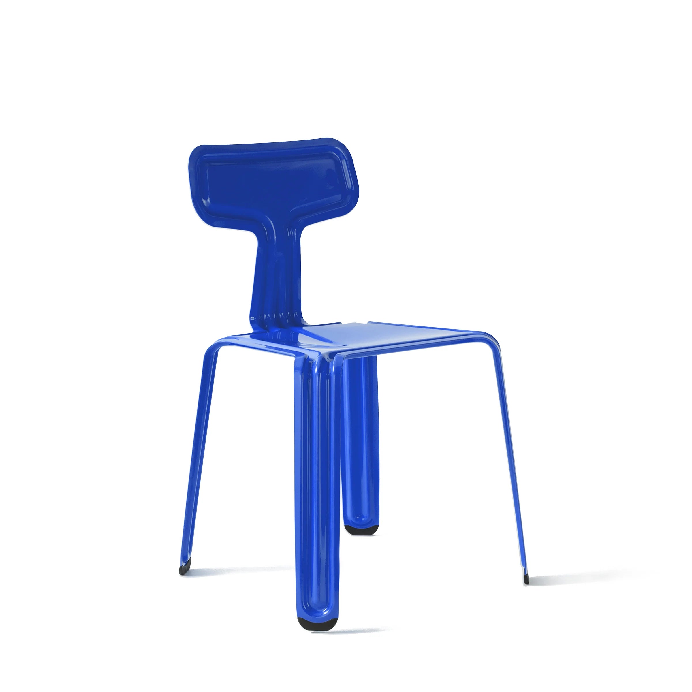 The Pressed Chair - Sale by Moormann is a modern, glossy blue chair with a unique design, featuring a T-shaped backrest and angled legs. Its seamlessly molded from metal, offering sleek contemporary allure.