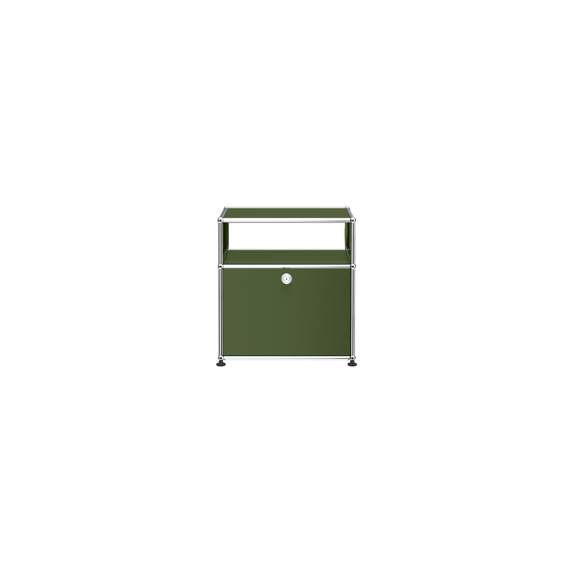 Haller Nightstand P in olive green with open shelf, drop down door, and chrome steel frame.