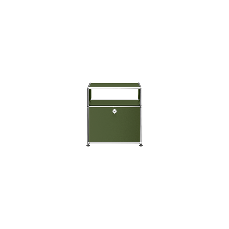 Haller Nightstand P in olive green with open shelf, drop down door, and chrome steel frame.
