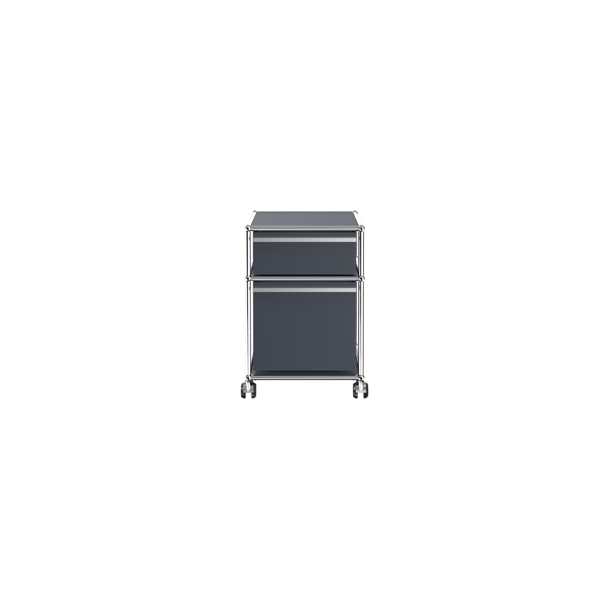 Haller File Pedestal M in steel blue with one small drawer, one letter filing drawer, and casters under desk storage.