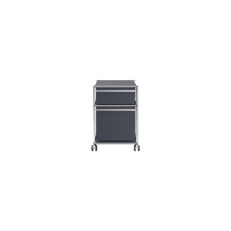 Haller File Pedestal M in steel blue with one small drawer, one letter filing drawer, and casters under desk storage.