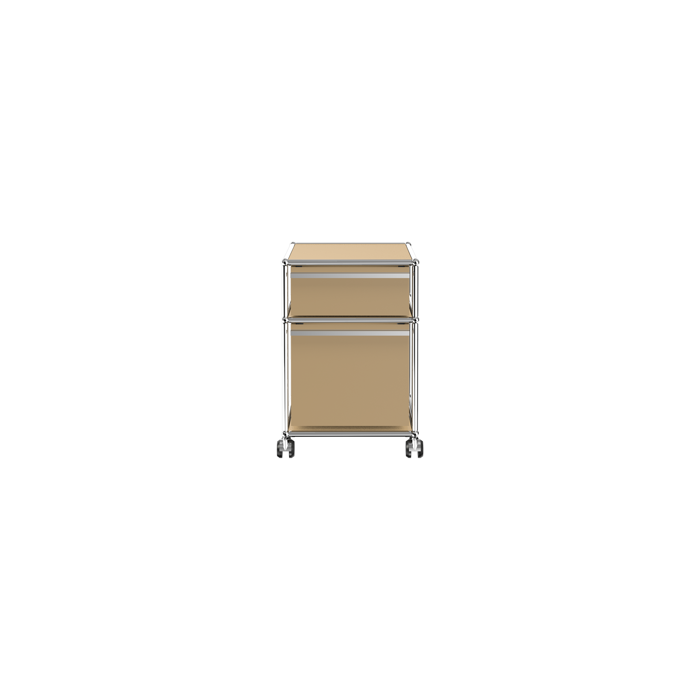 Haller File Pedestal M in beige with one drawer, one filing drawer, chrome frame, and casters for easy mobility.