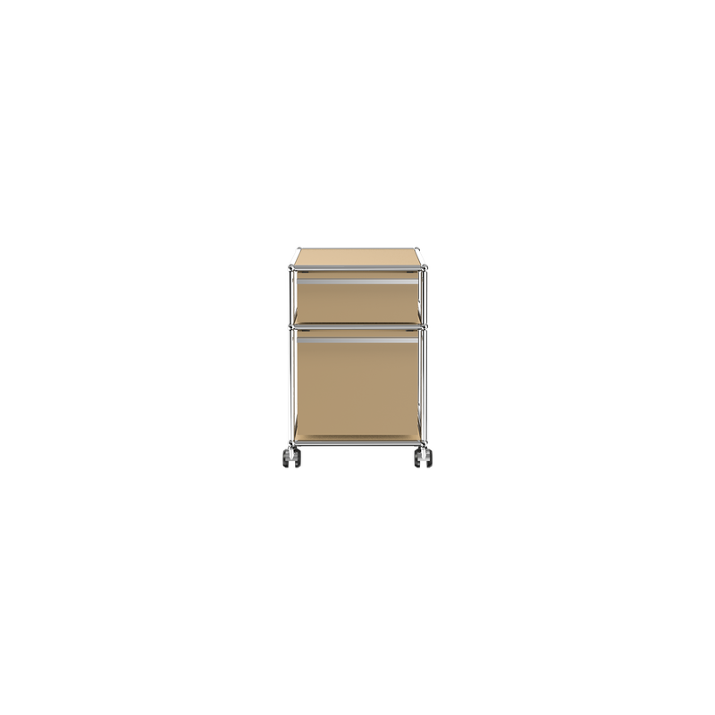 Haller File Pedestal M in beige with one drawer, one filing drawer, chrome frame, and casters for easy mobility.