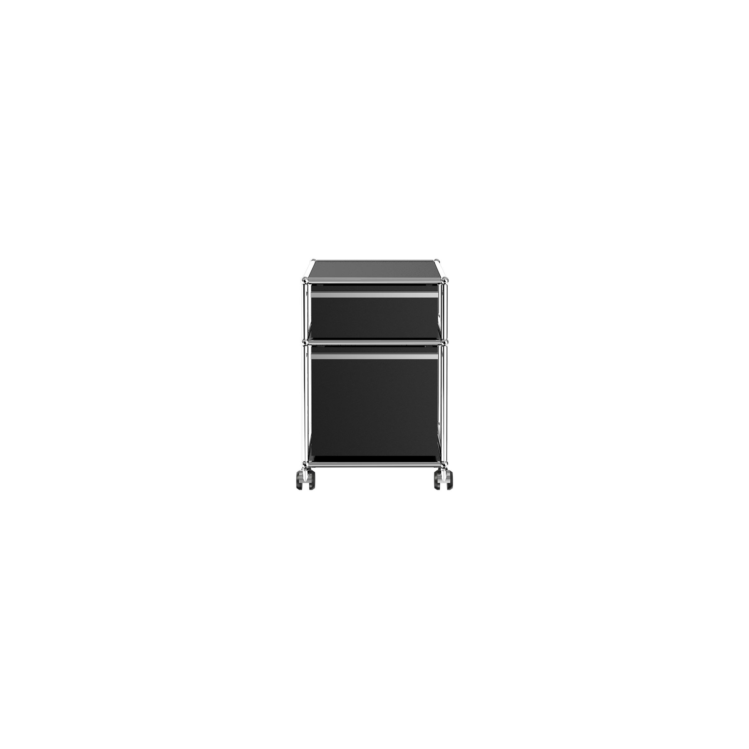 Haller File Pedestal M in graphite black with one drawer, one letter filing drawer, and chrome frame on casters.