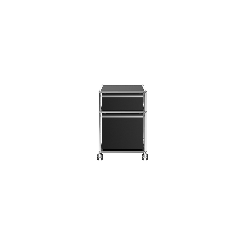 Haller File Pedestal M in graphite black with one drawer, one letter filing drawer, and chrome frame on casters.