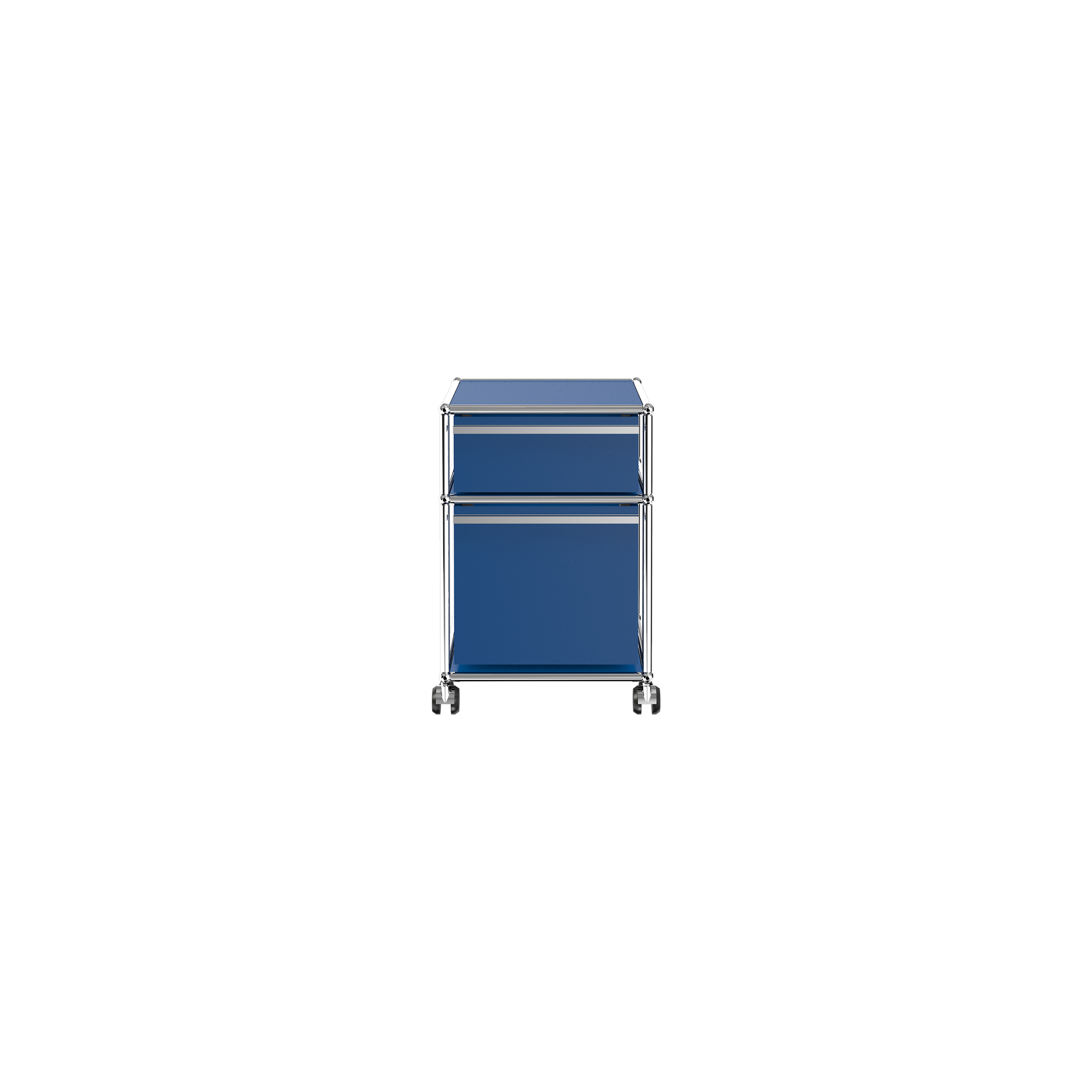 Haller File Pedestal M in Steel Blue with two drawers and chrome frame on casters for under-desk storage.