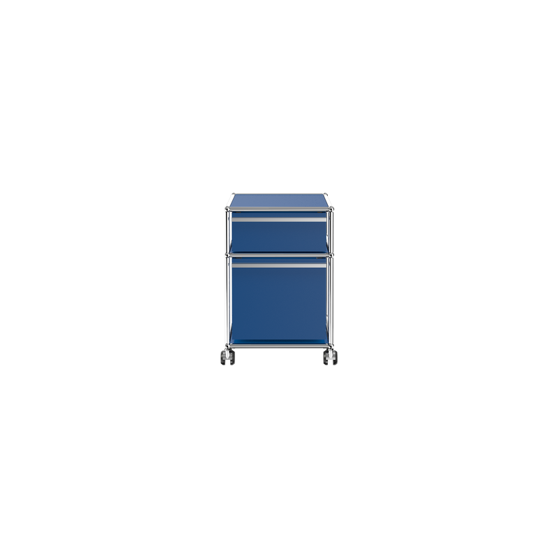 Haller File Pedestal M in Steel Blue with two drawers and chrome frame on casters for under-desk storage.