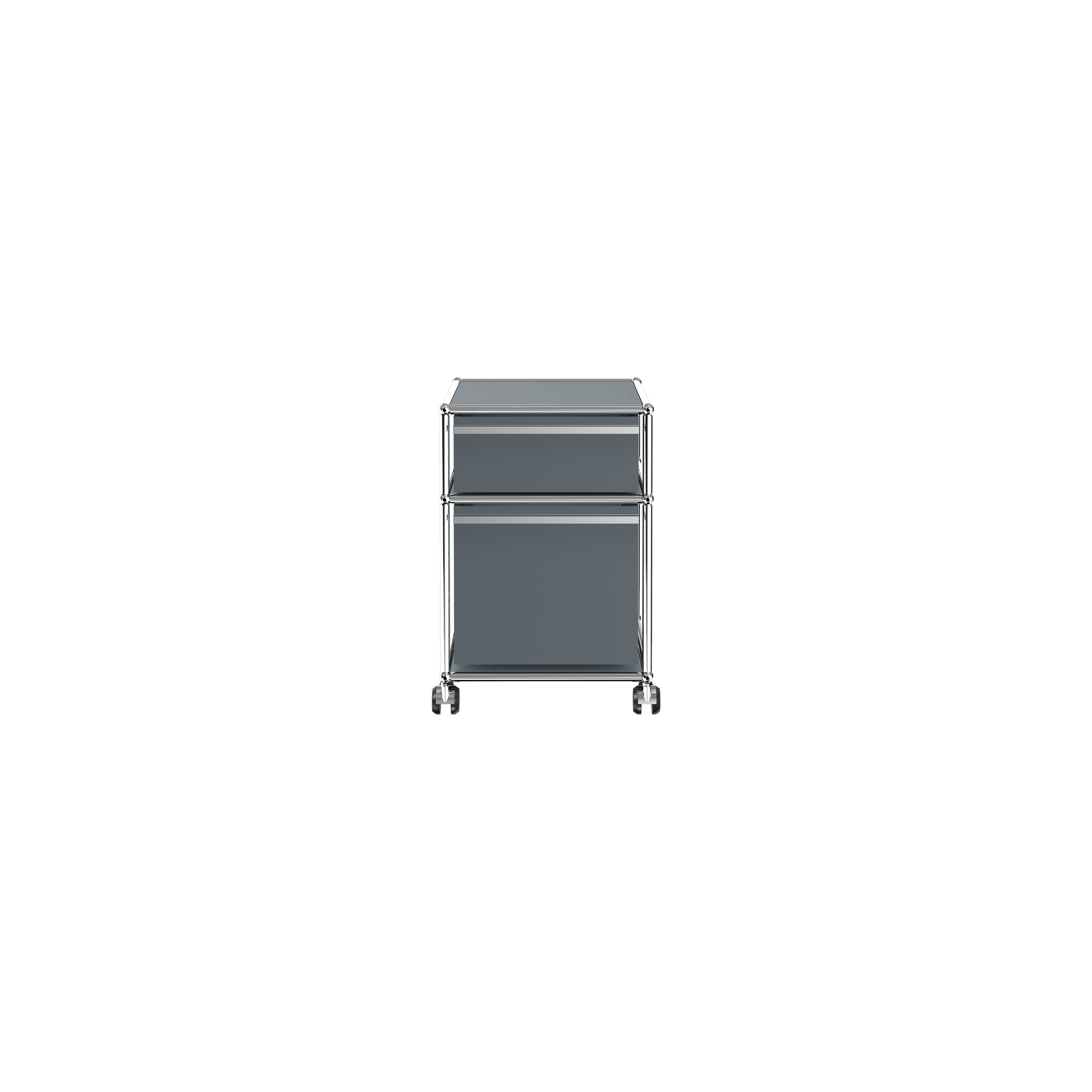 Haller File Pedestal M in steel blue with one drawer, one letter filing drawer, and casters for mobility.