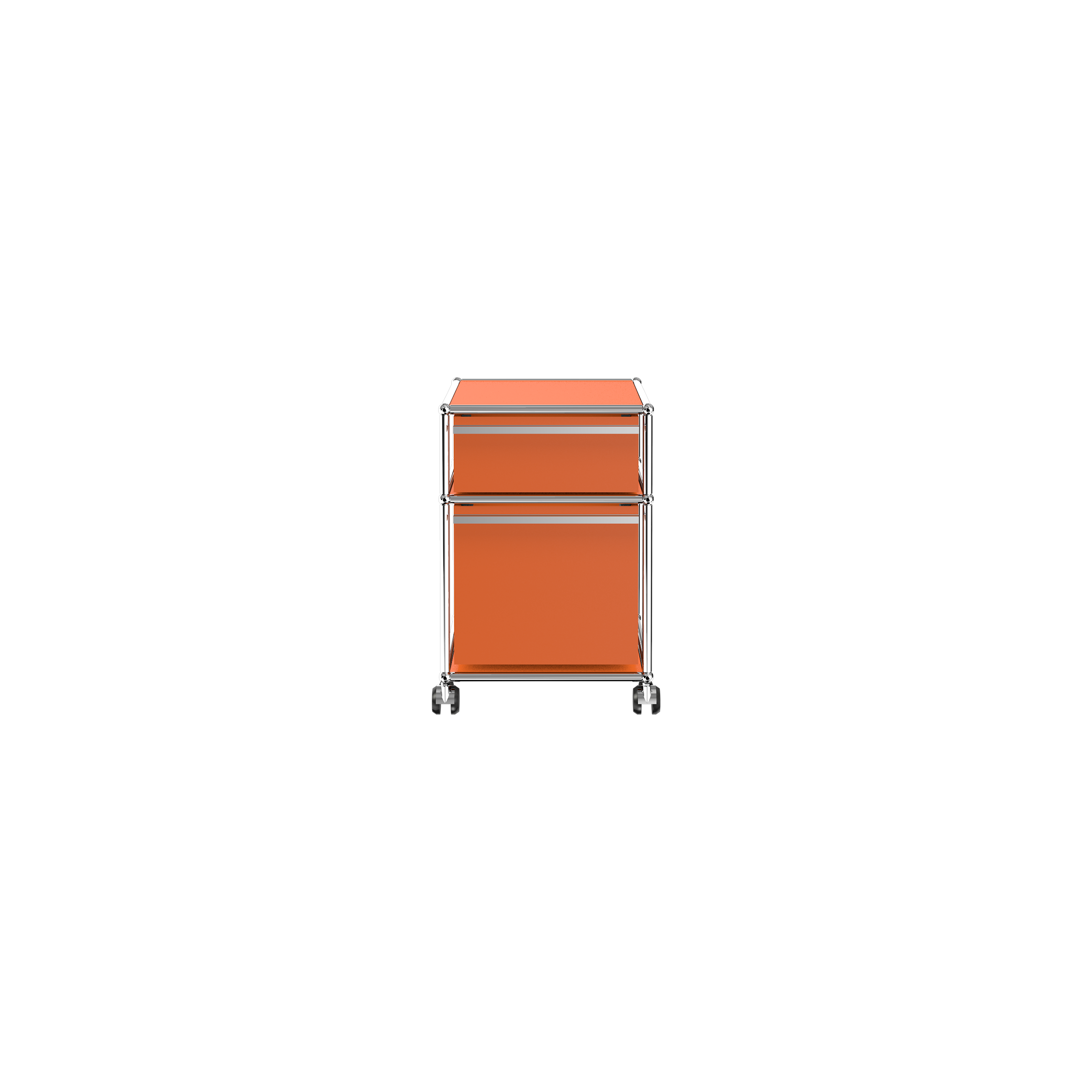 Haller File Pedestal M in pure orange with one drawer, one letter filing drawer, and chrome frame on casters.