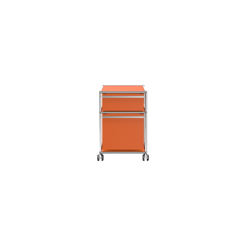 Haller File Pedestal M in pure orange with one drawer, one letter filing drawer, and chrome frame on casters.