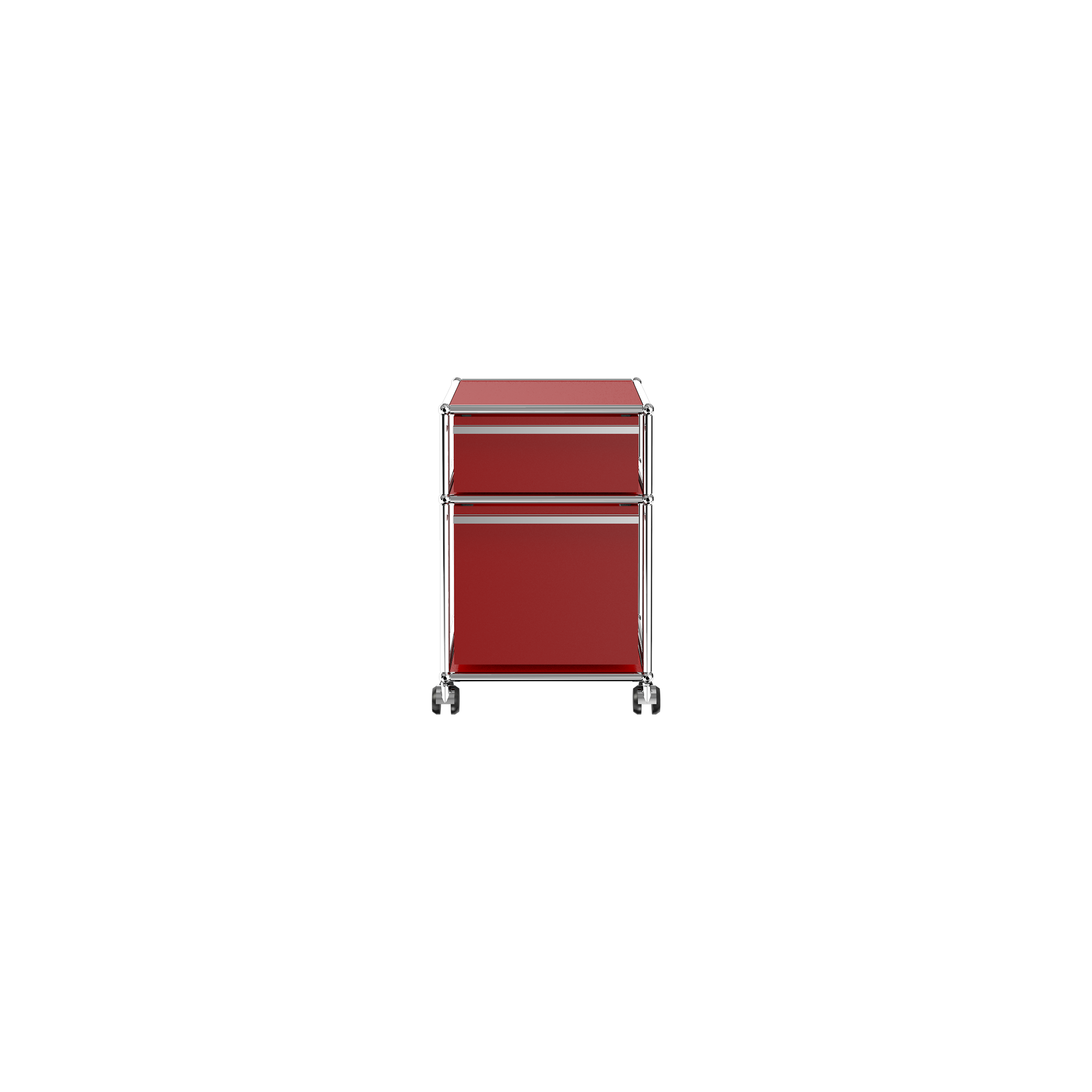 Haller File Pedestal M in red with one drawer and one filing drawer on casters, modern steel design.