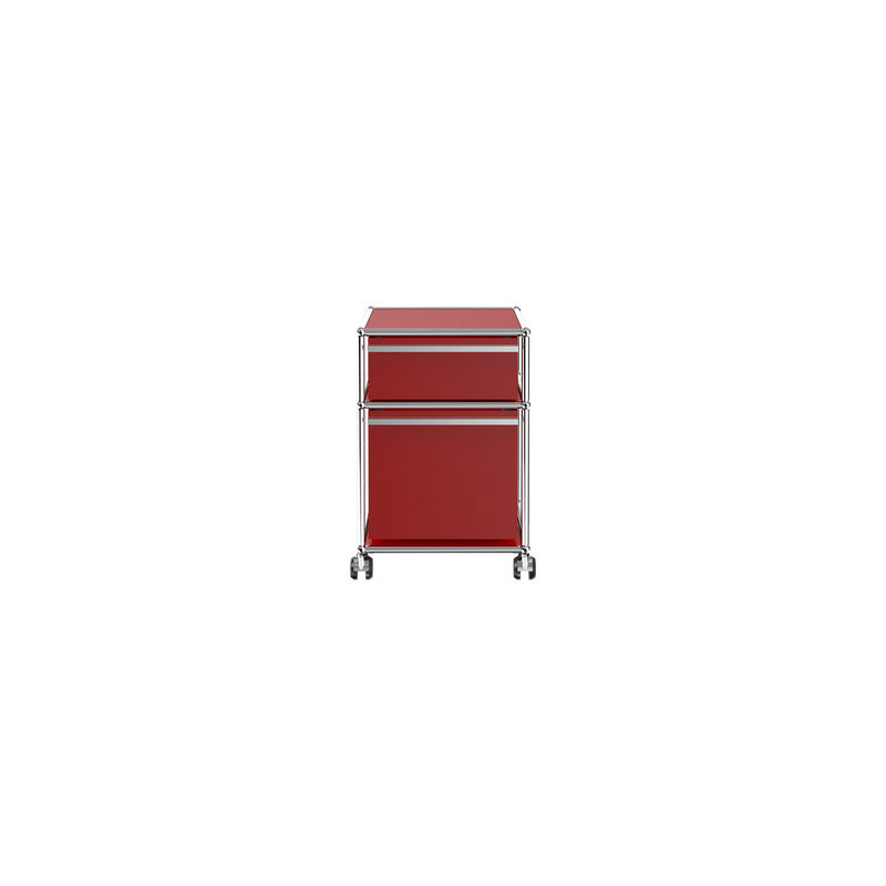 Haller File Pedestal M in red with one drawer and one filing drawer on casters, modern steel design.