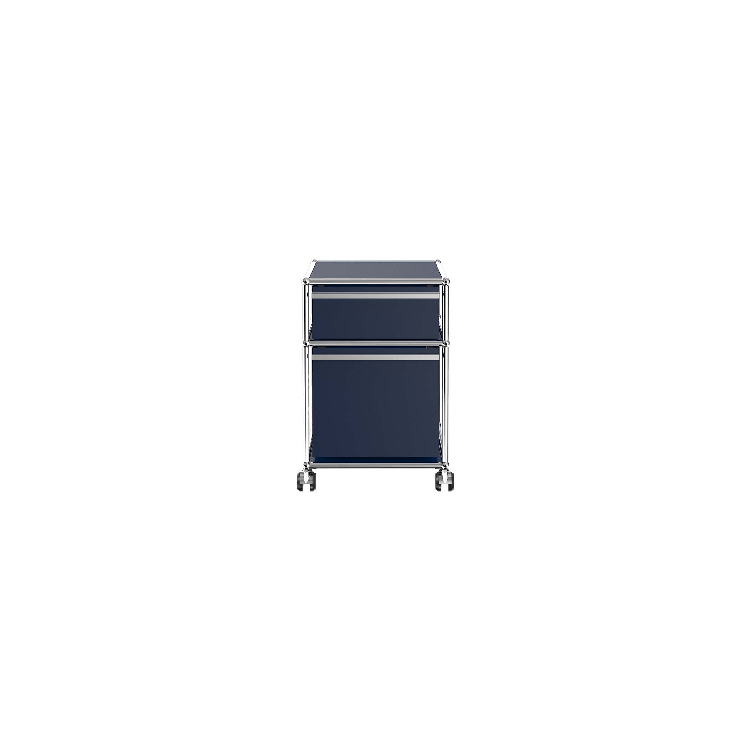 Haller File Pedestal M in steel blue with two drawers and casters, designed by USM for mobile office storage.