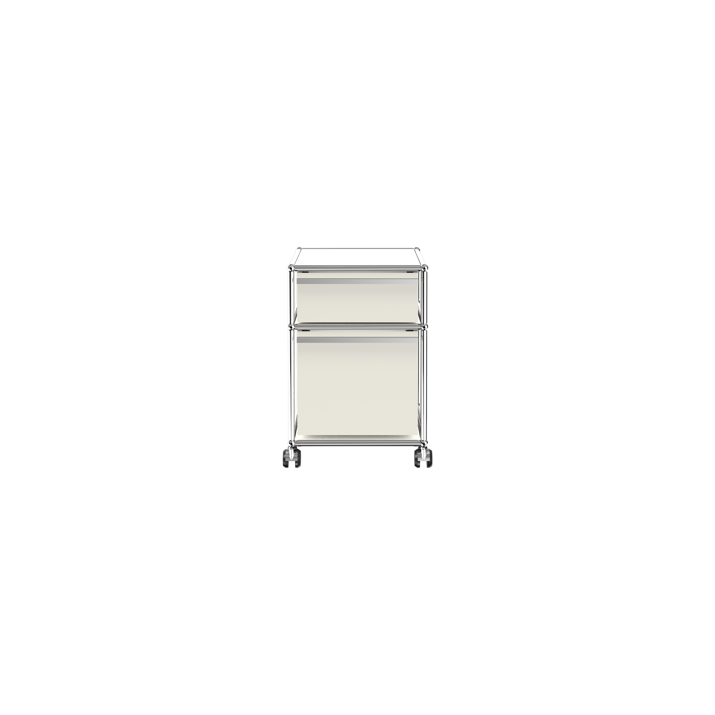 Haller File Pedestal M in pure white with two drawers and chrome steel frame on casters for easy mobility.