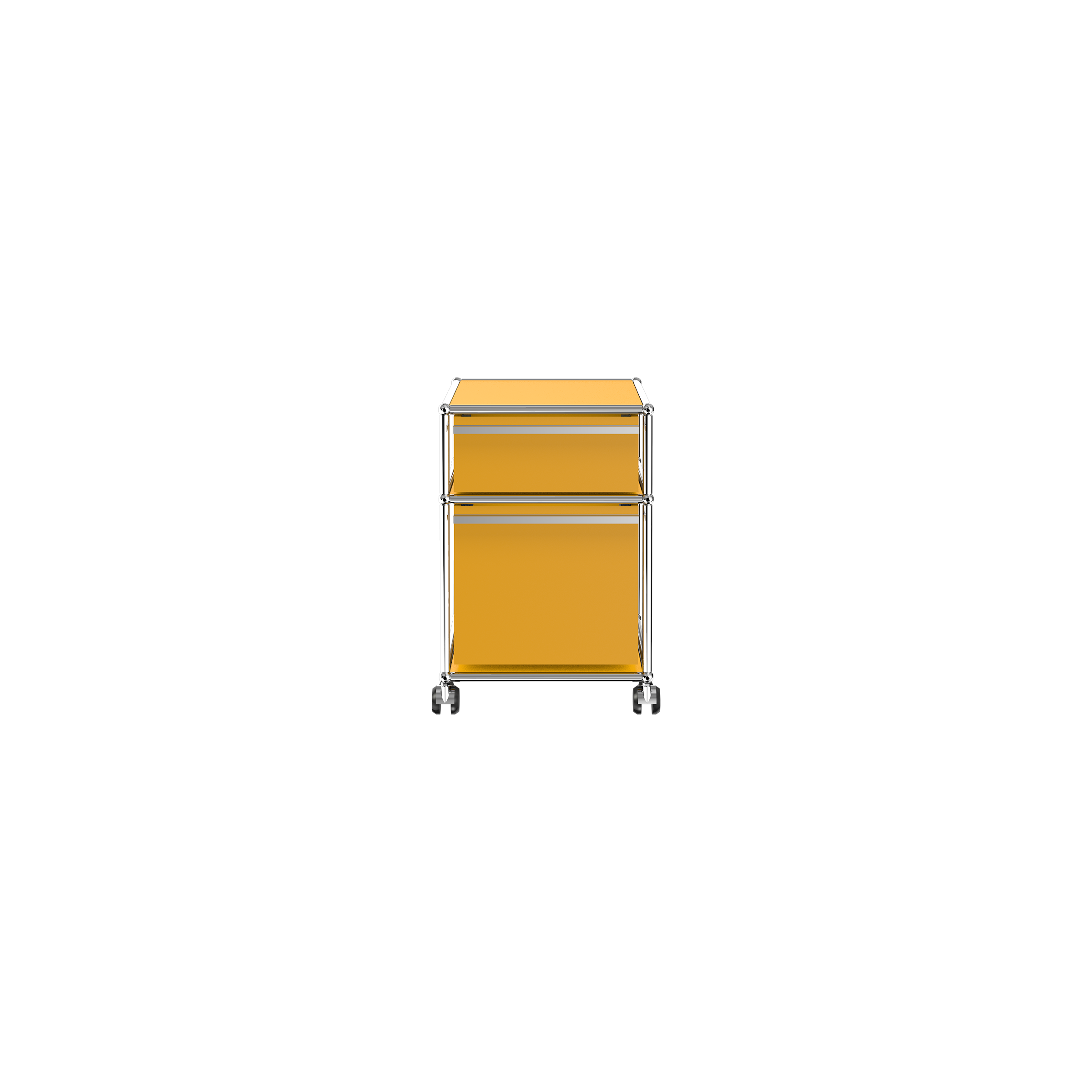Haller File Pedestal M in golden yellow with one drawer, letter filing drawer, chrome frame, and casters.