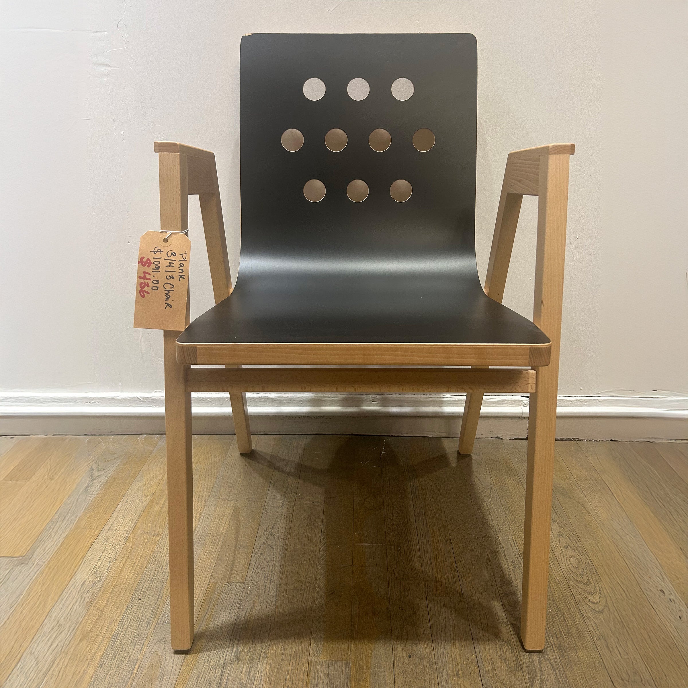 3/4/3 Armchair - Sale with black beech plywood seat and solid beech frame in a modern stackable design