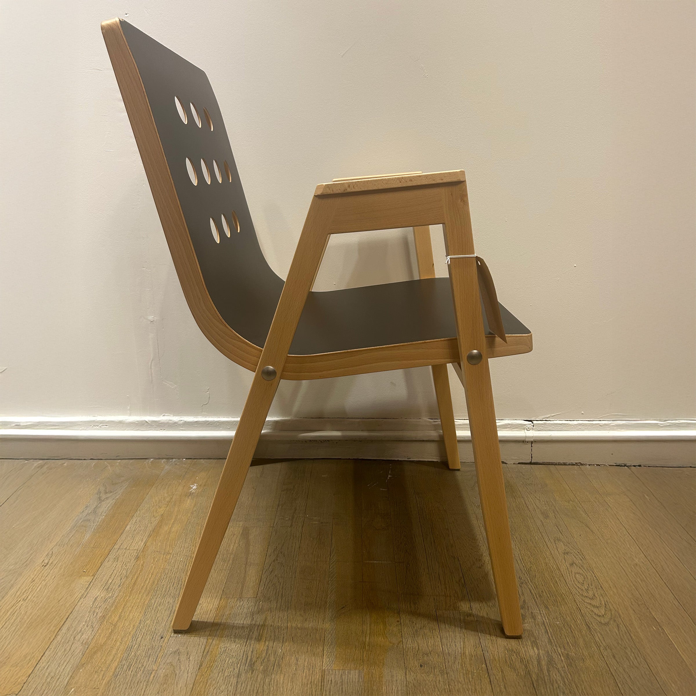 3/4/3 Armchair - Sale with solid beech frame and black beech plywood seat, designed by Roland Rainer in 1954.